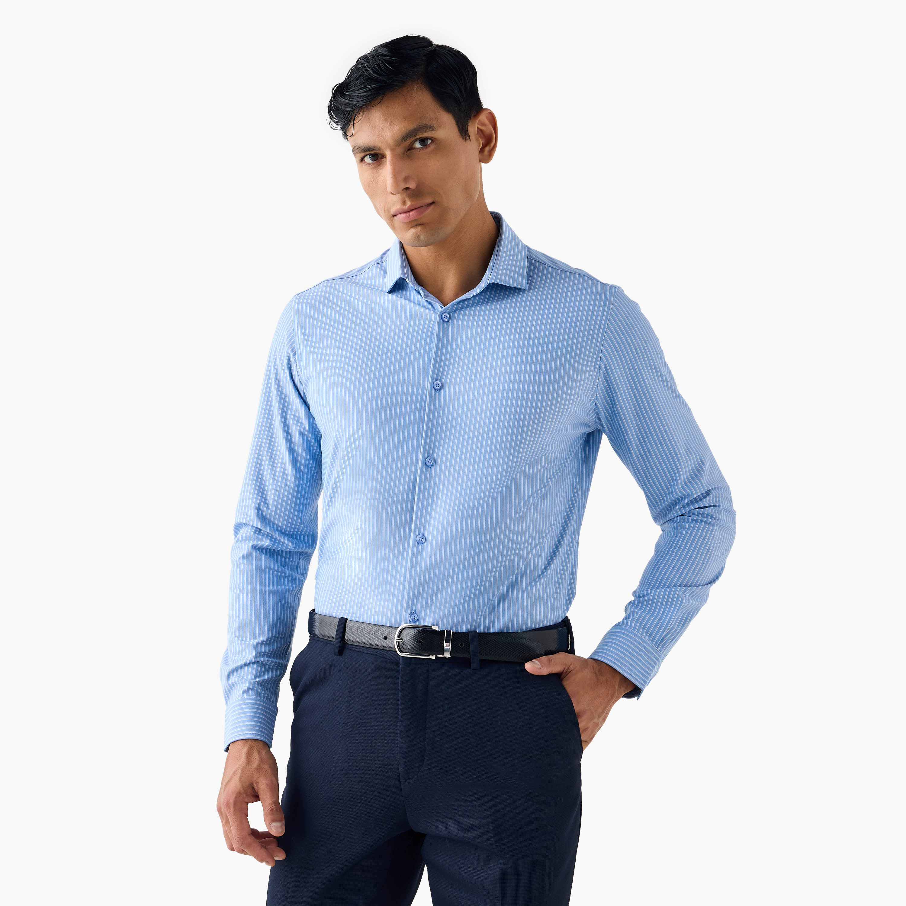 قميص مخطط بقصة سليم وياقة-men-clothing-shirts-image-1