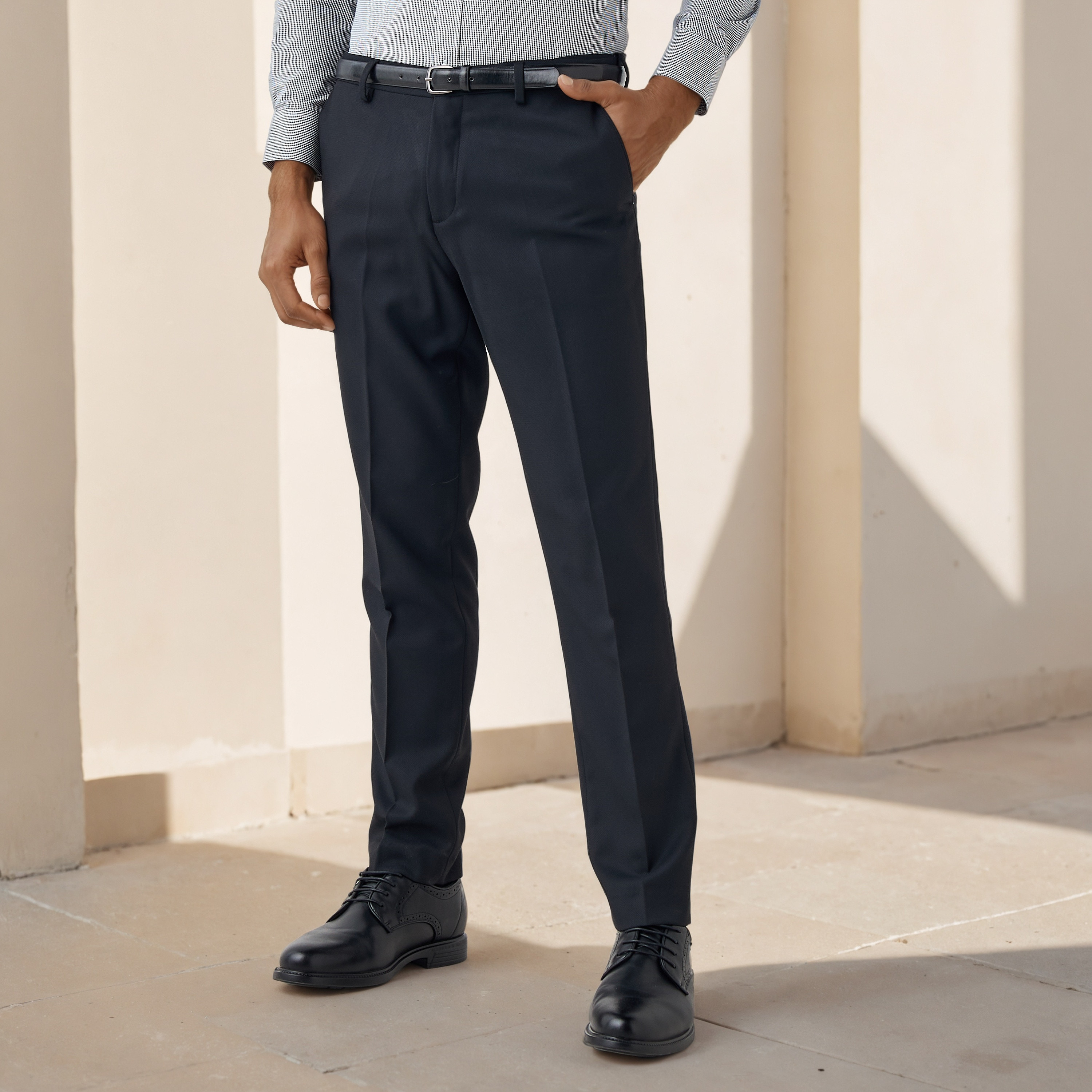 Slim Fit Belted Flexi Waist Trousers with Pockets-men-clothing-bottoms-trousersandchinos-trousers-image-1