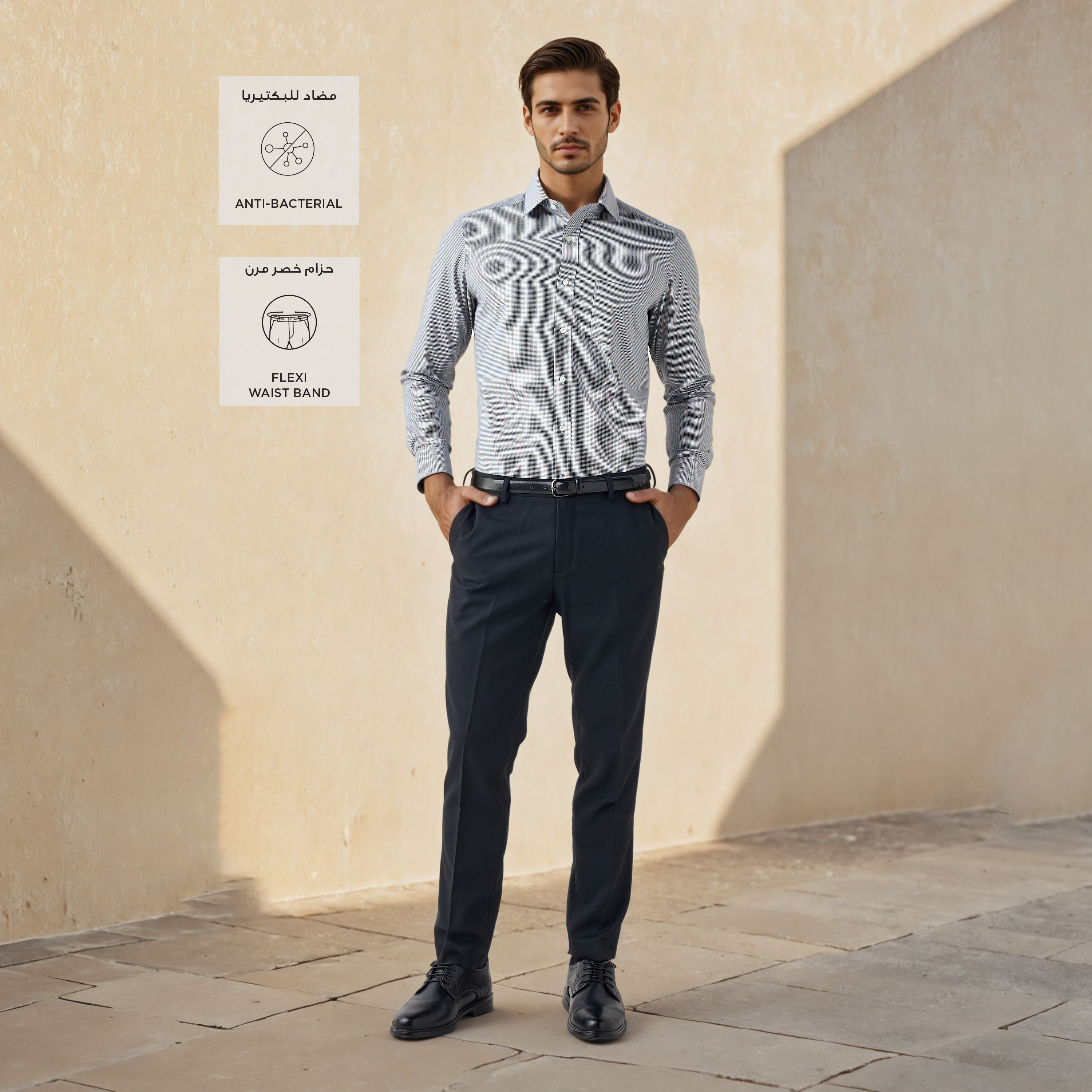 Slim Fit Belted Flexi Waist Trousers with Pockets-men-clothing-bottoms-trousersandchinos-trousers-image-2