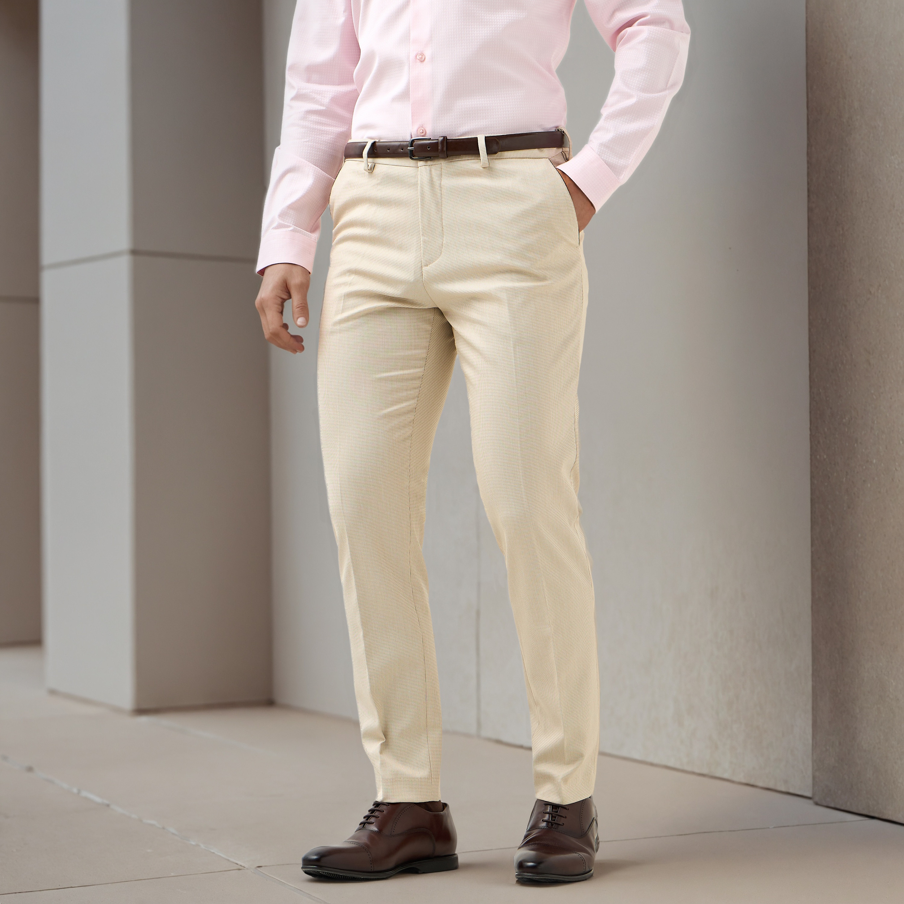 Slim Fit Belted Flexi Waist Trousers with Pockets-men-clothing-bottoms-trousersandchinos-trousers-image-1