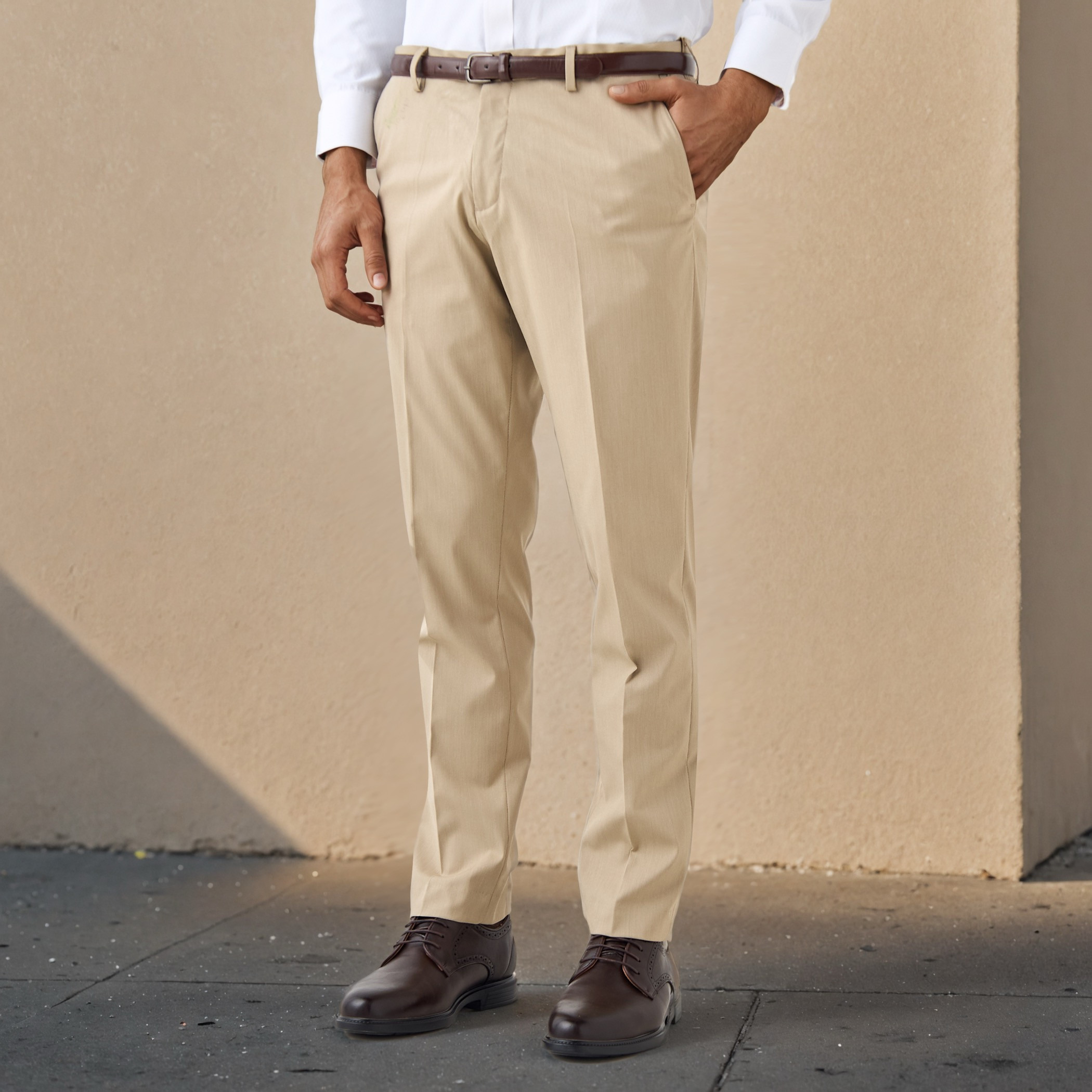 Slim Fit Belted Flexi Waist Trousers with Pockets-men-clothing-bottoms-trousersandchinos-trousers-image-1