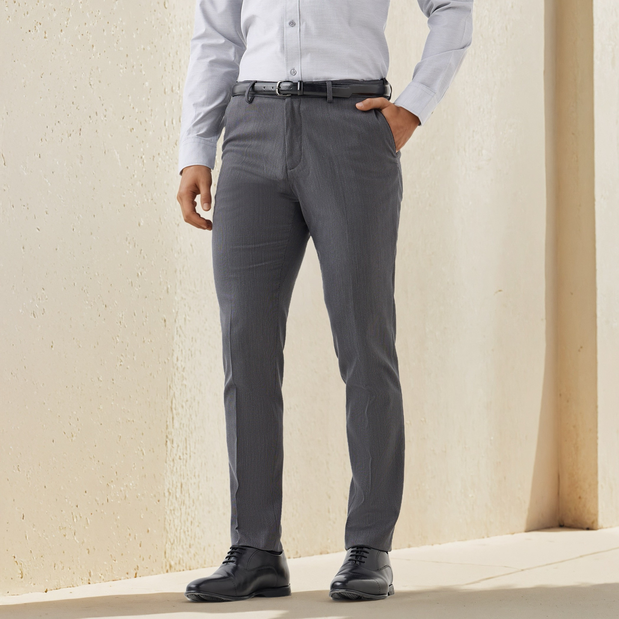 Slim Fit Belted Flexi Waist Trousers with Pockets-men-clothing-bottoms-trousersandchinos-trousers-image-1