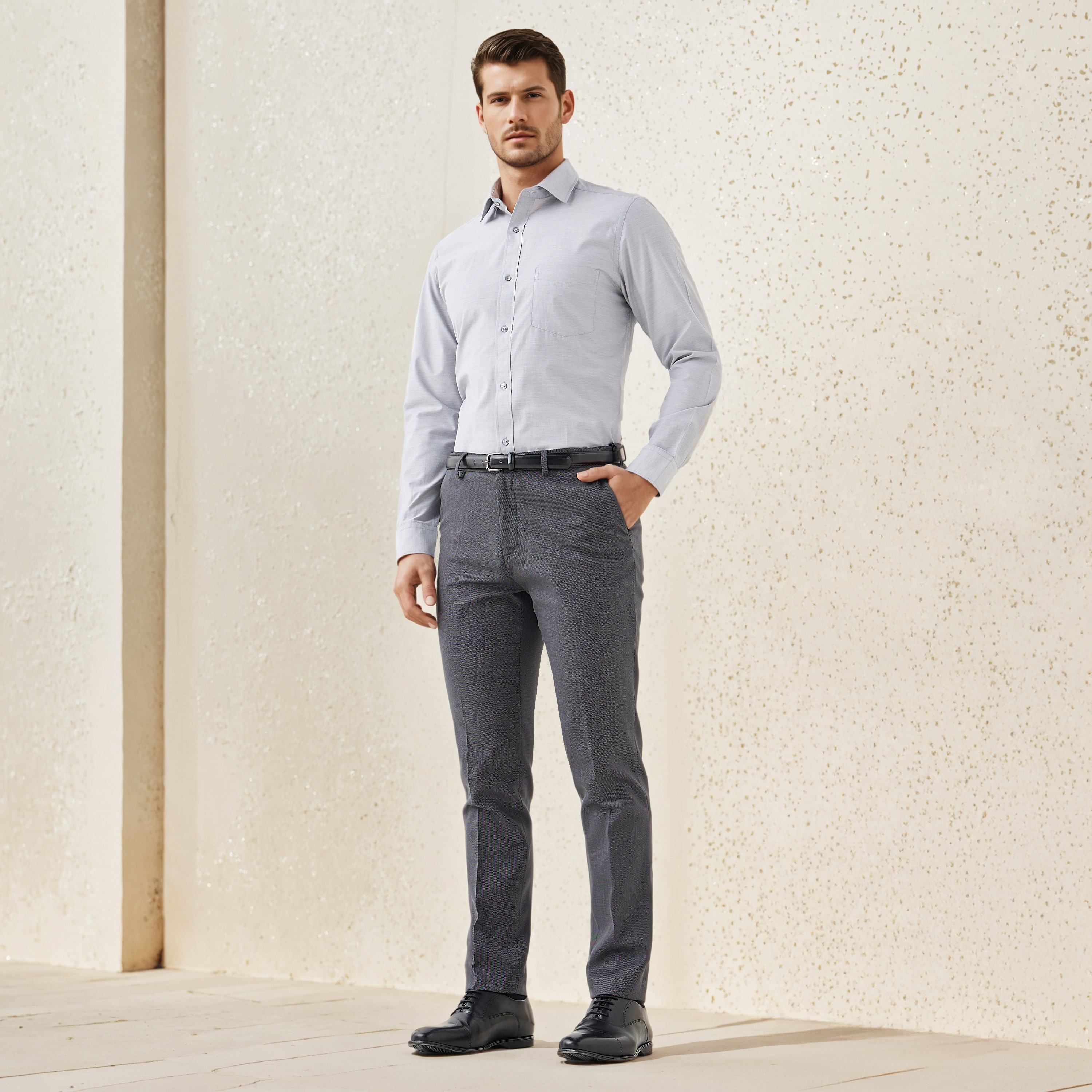 Slim Fit Belted Flexi Waist Trousers with Pockets-men-clothing-bottoms-trousersandchinos-trousers-image-2