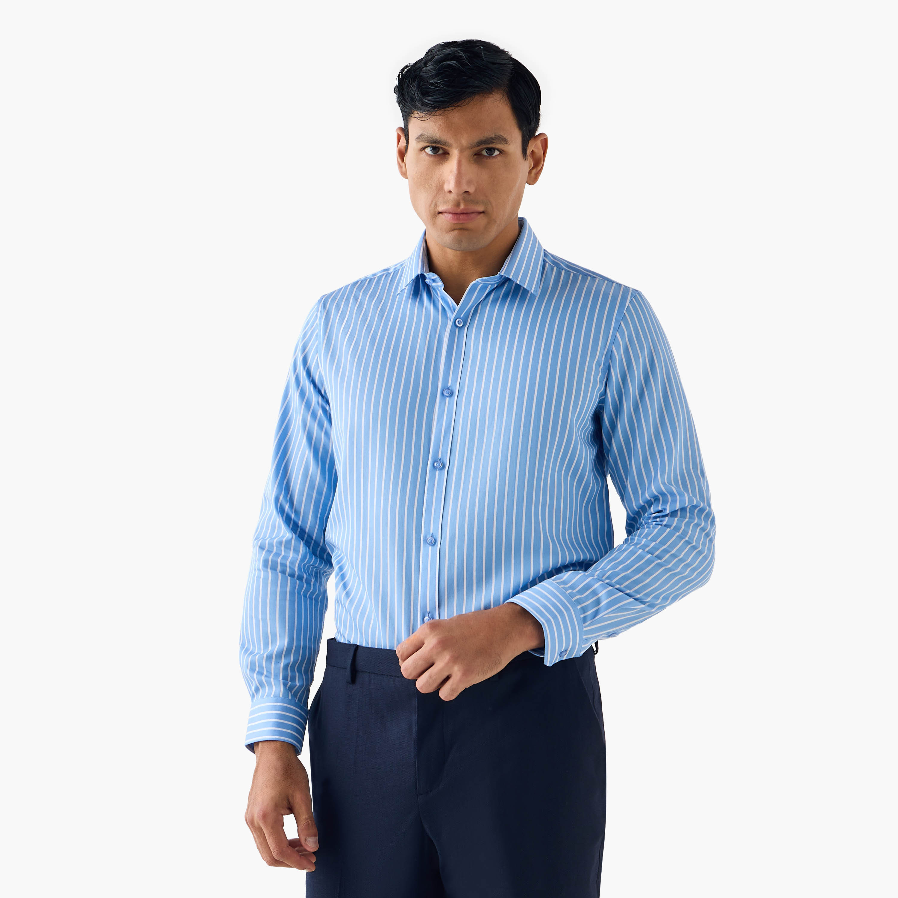 Regular Fit Striped Shirt with Collar and Long Sleeves-men-clothing-shirts-image-1