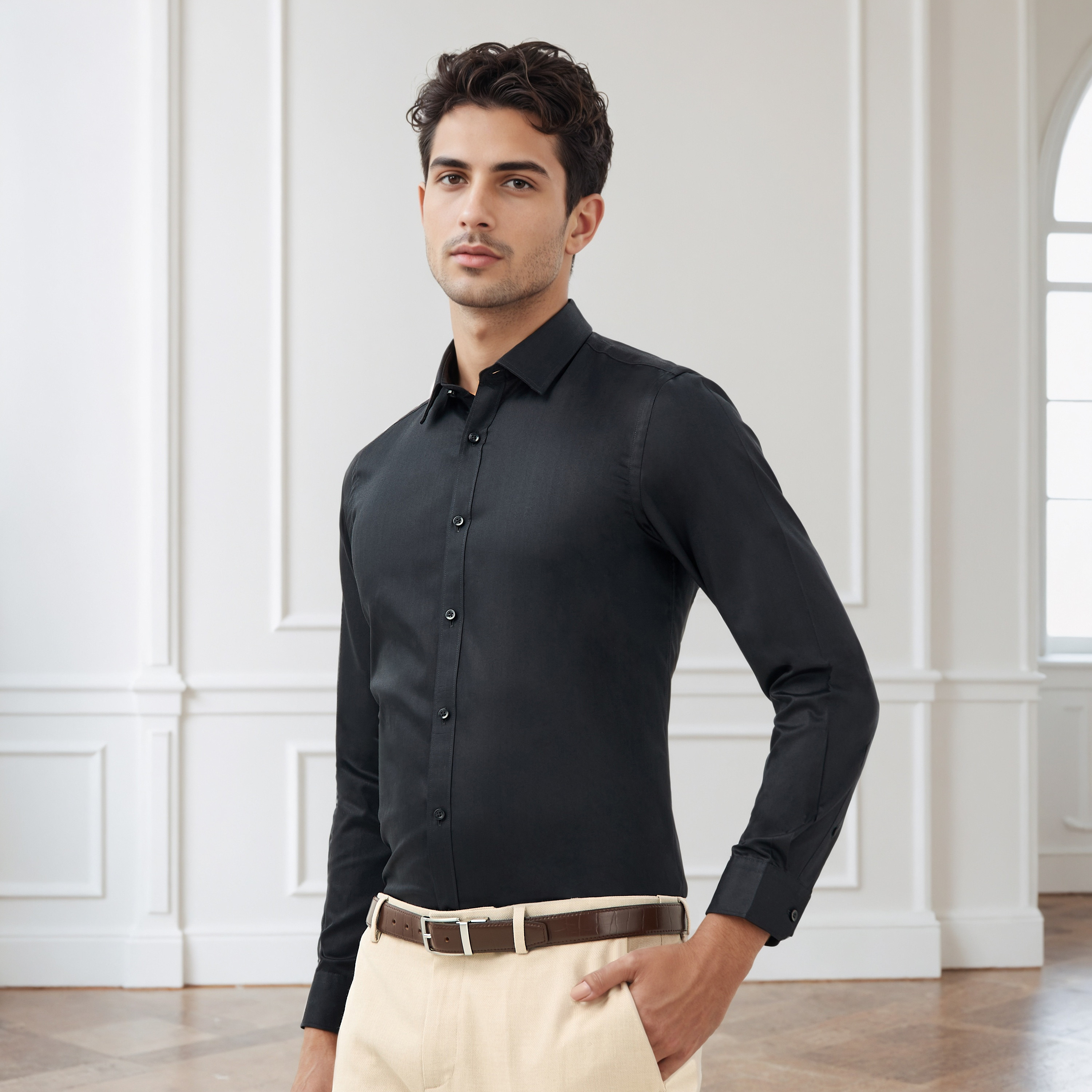 قميص بارز الملمس بياقة وقصة عادية وأكمام طويلة-men-clothing-shirts-image-1