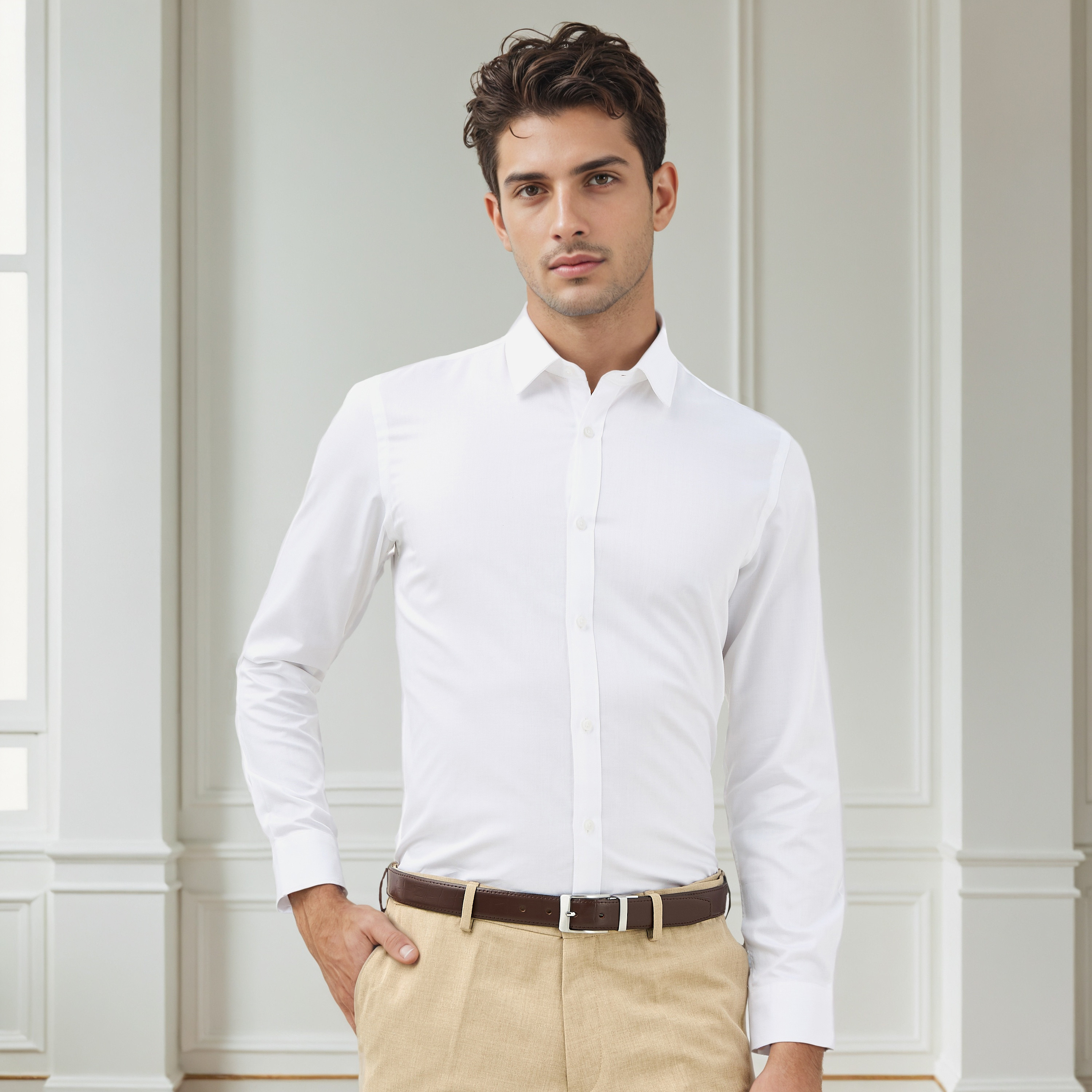 Regular Fit Textured Collared Shirt with Long Sleeves-men-clothing-shirts-image-1