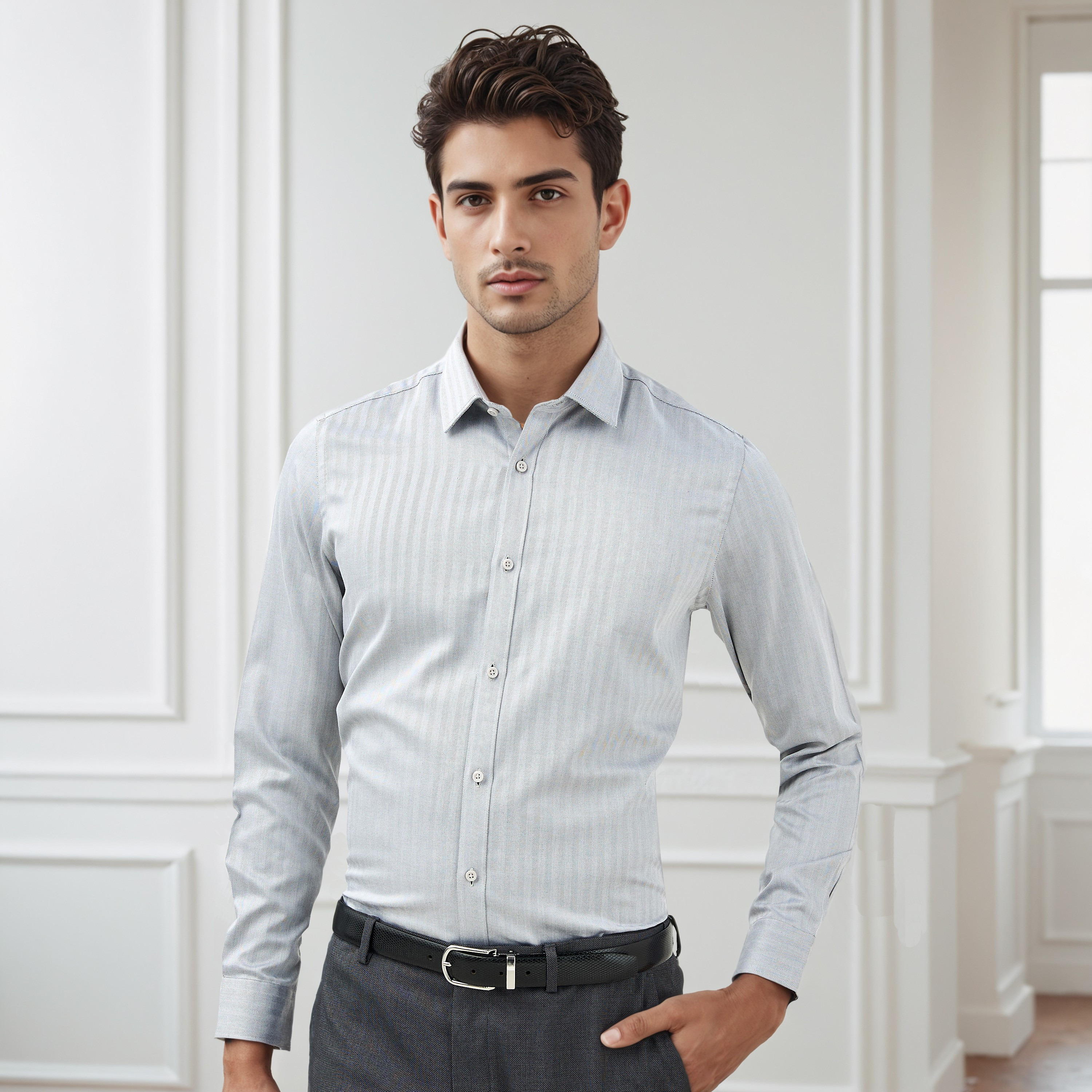 Regular Fit Textured Collared Shirt with Long Sleeves-men-clothing-shirts-image-1