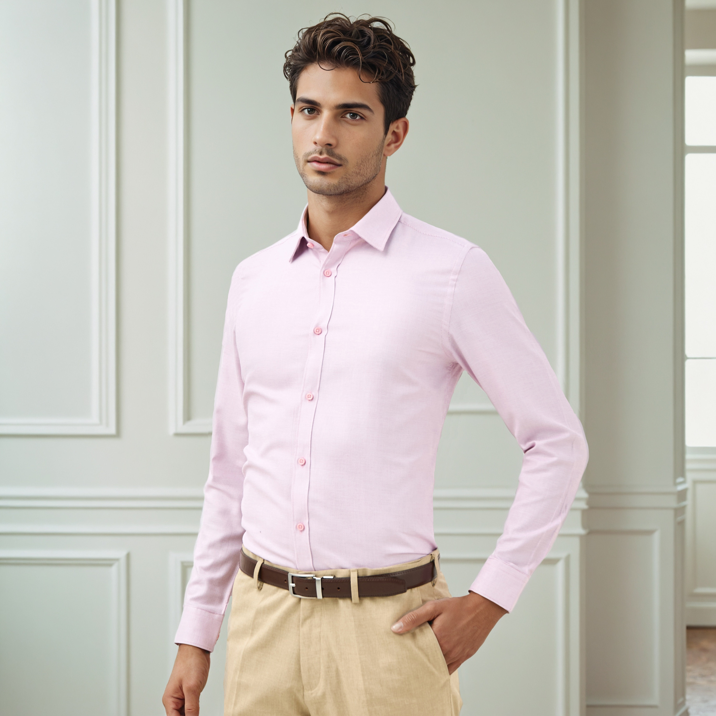 Regular Fit Textured Collared Shirt with Long Sleeves-men-clothing-shirts-image-1