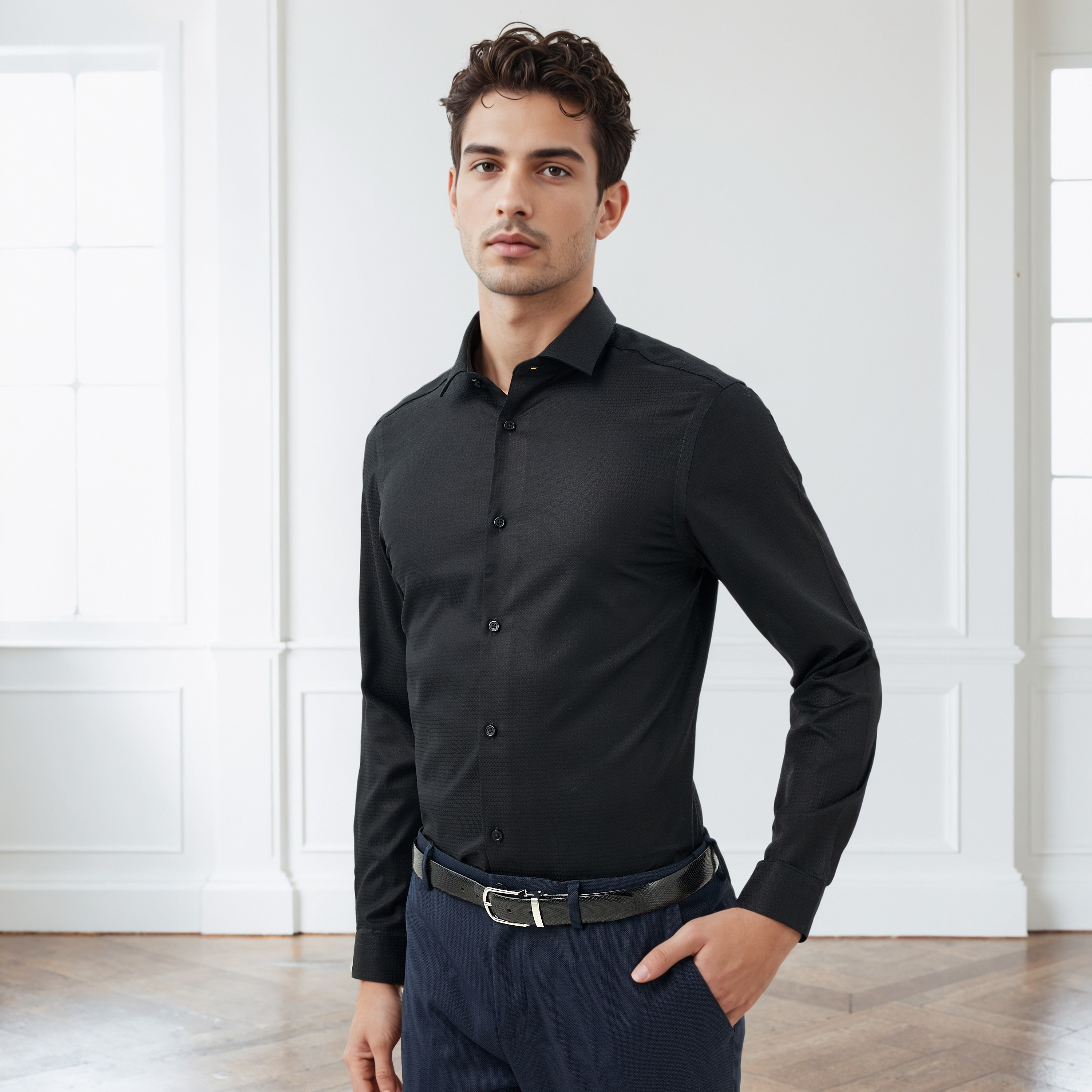 Regular Fit Dobby Shirt with Collar-men-clothing-shirts-image-1