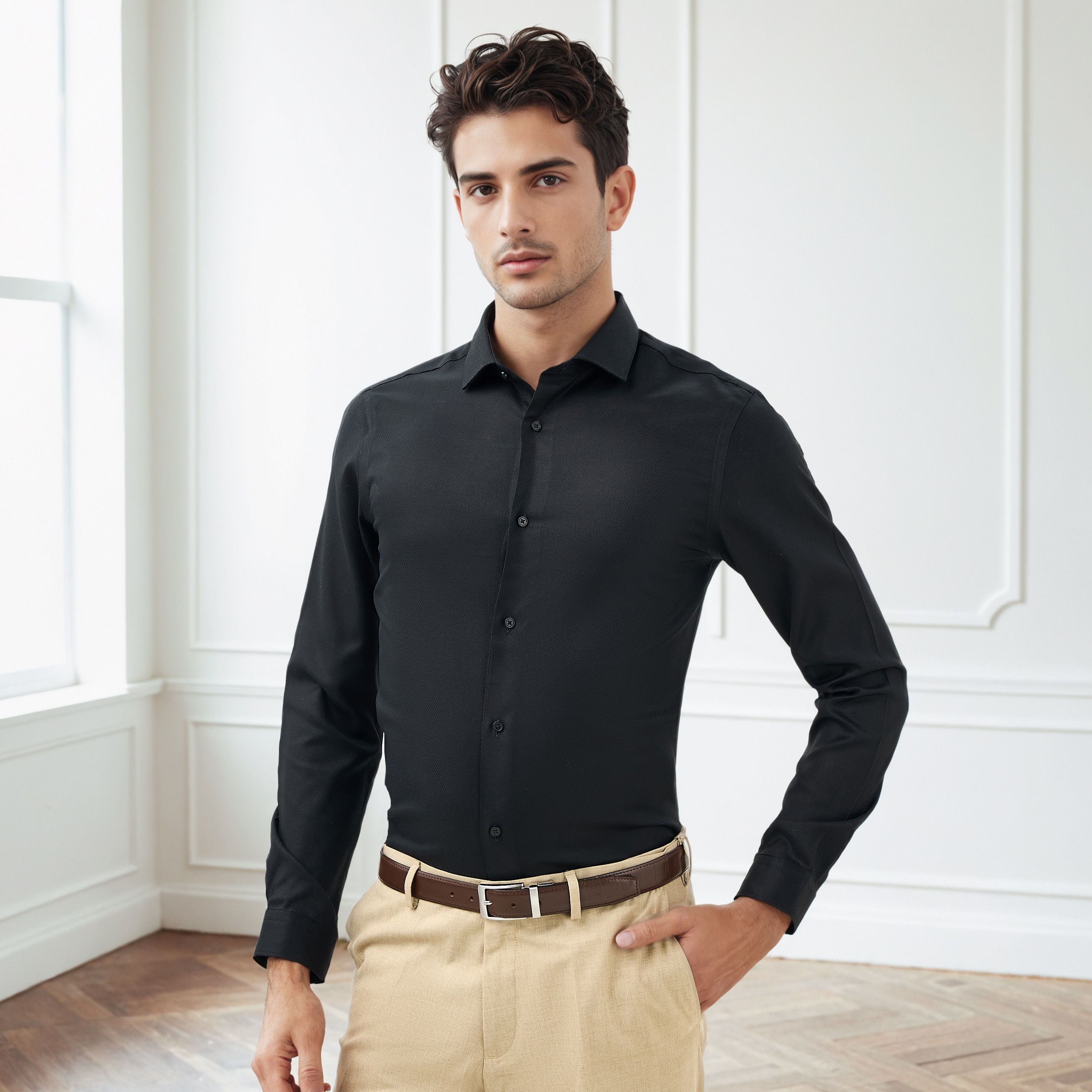 Slim Fit Dobby Shirt with Collar-men-clothing-shirts-image-1