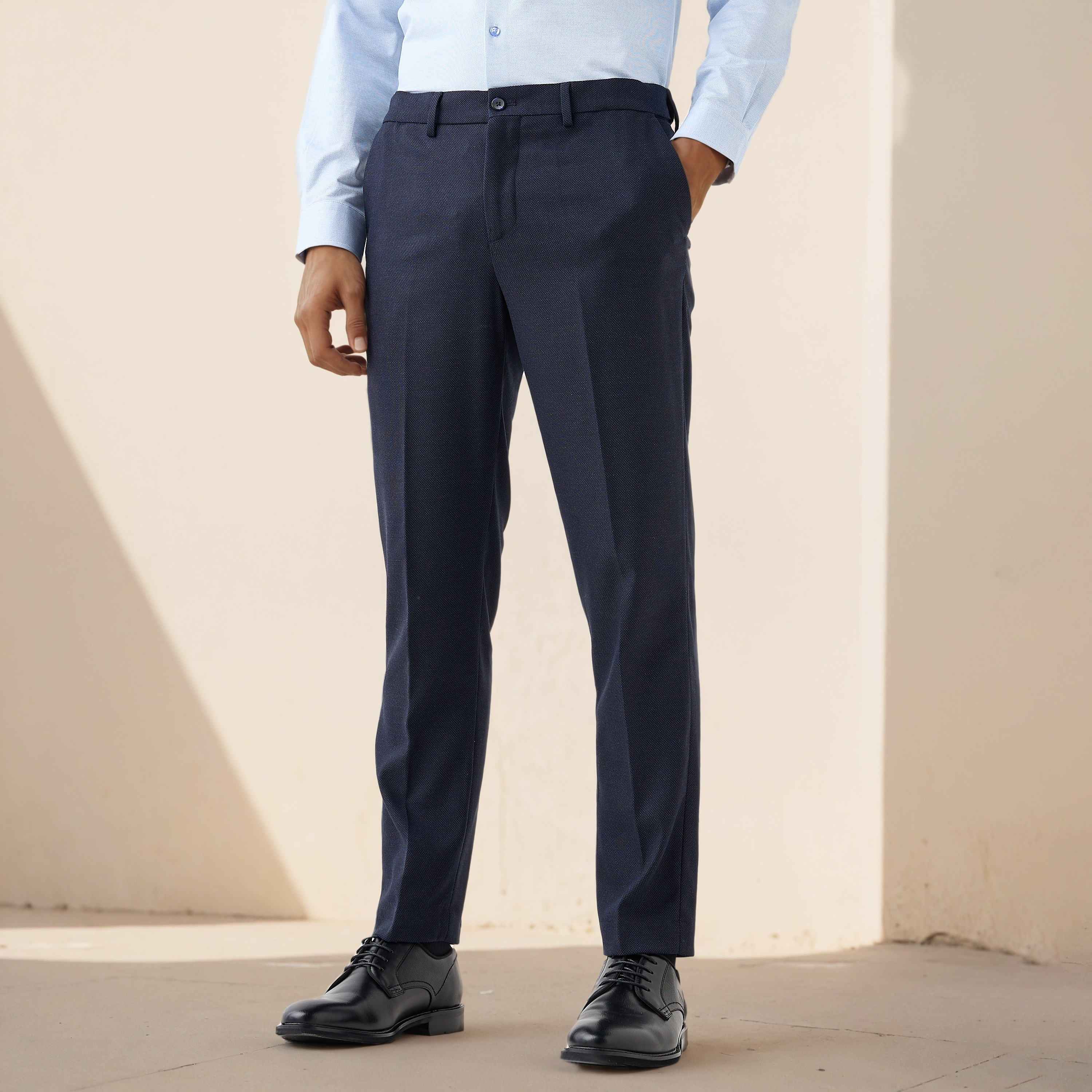 Slim Fit Dobby Flexi Waist Trousers-men-clothing-bottoms-trousersandchinos-trousers-image-1