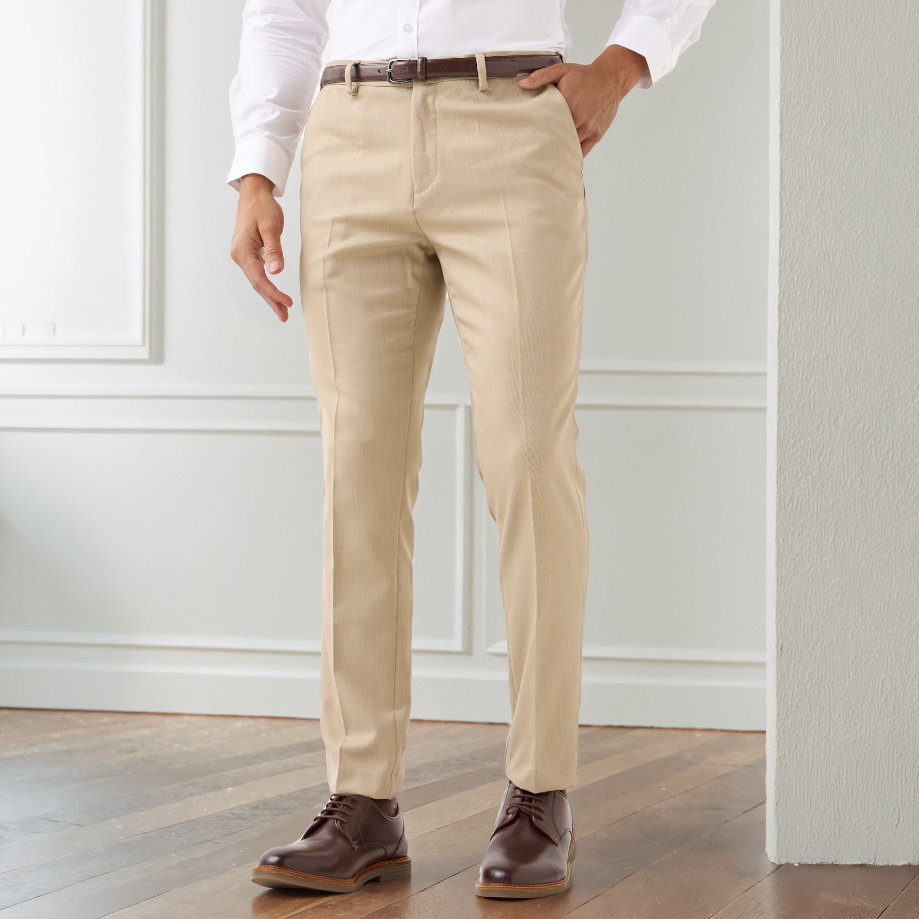 Men Slim Fit Flexi Waist Belted Formal Trousers-men-clothing-bottoms-trousersandchinos-trousers-image-1