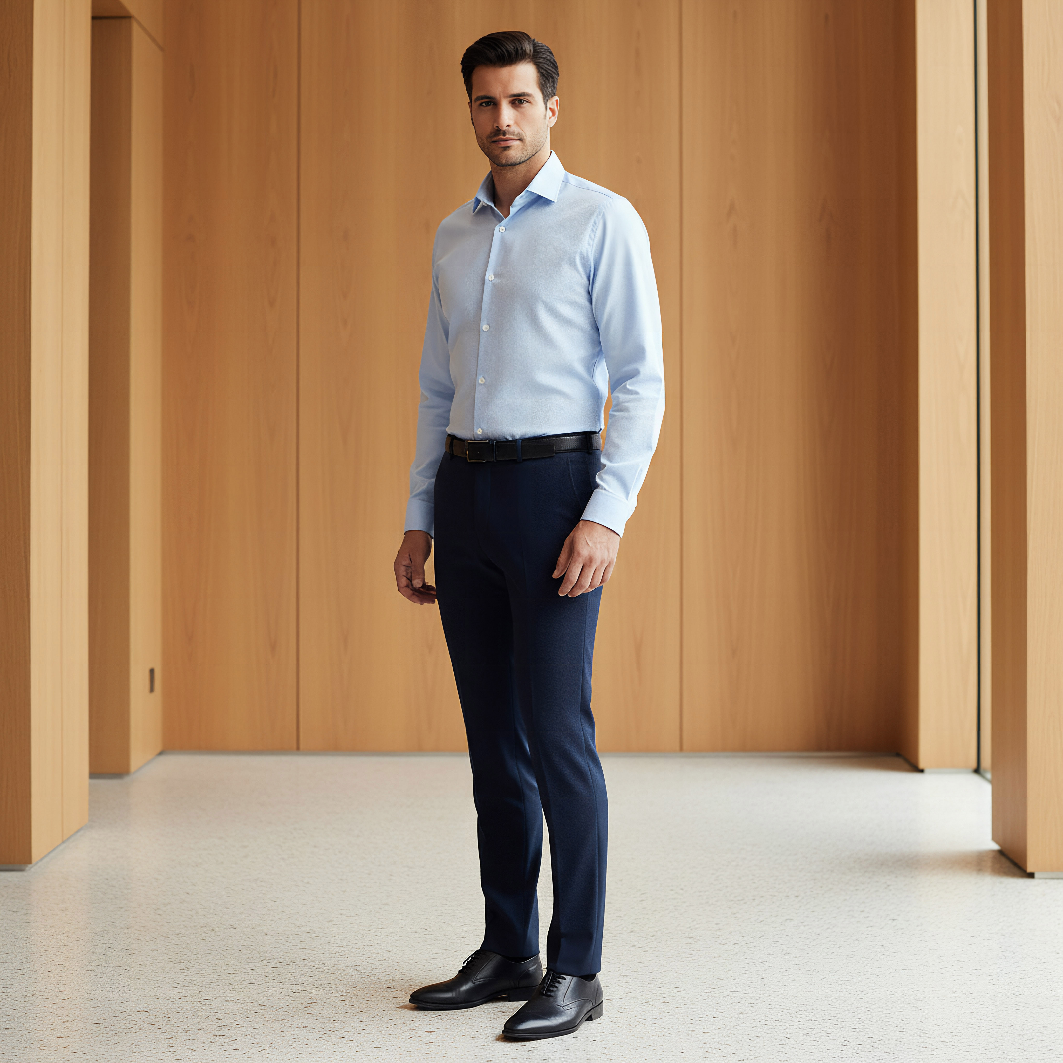 Men Slim Fit Flexi Waist Belted Formal Trousers-men-clothing-bottoms-trousersandchinos-trousers-image-2