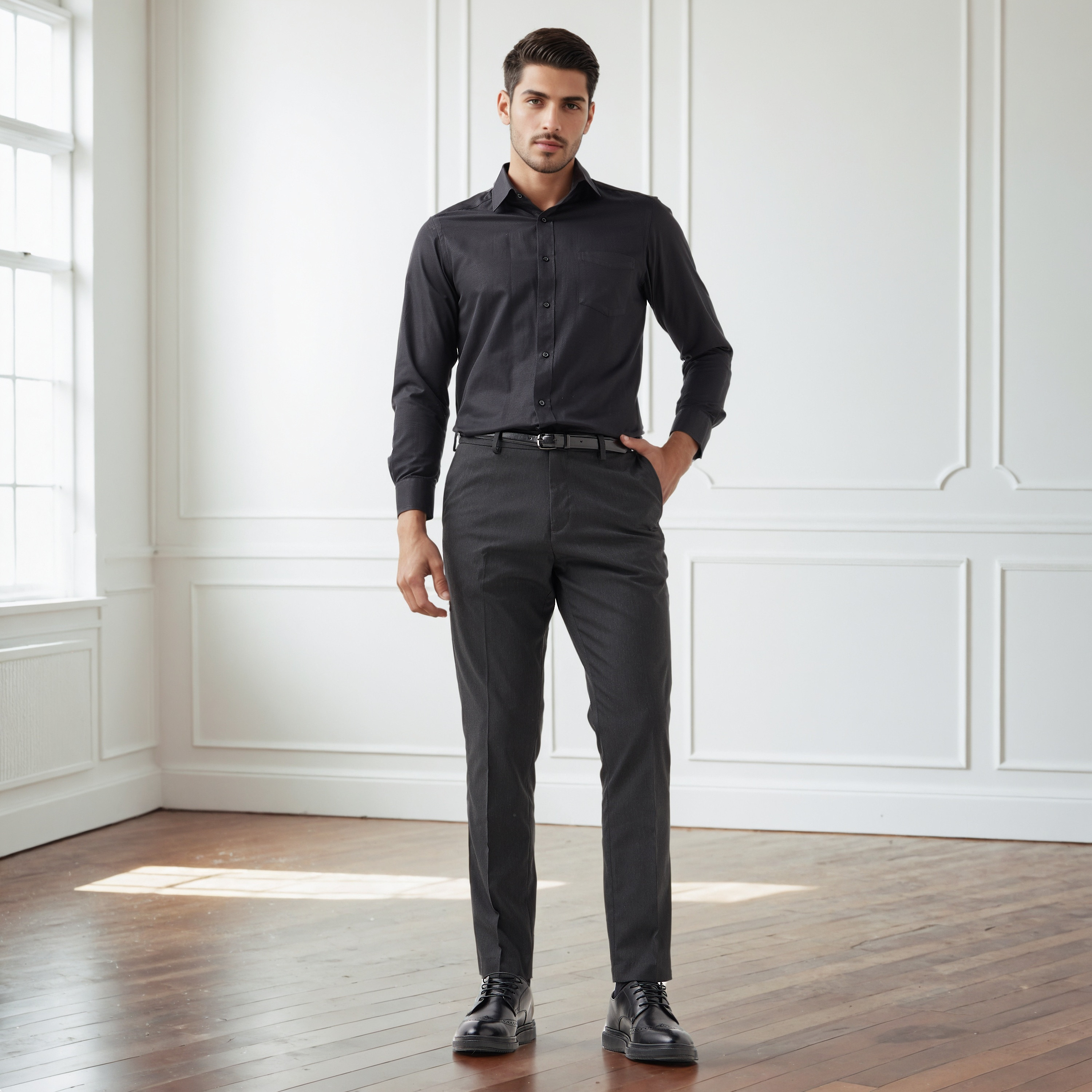 Men Slim Fit Flexi Waist Belted Formal Trousers-men-clothing-bottoms-trousersandchinos-trousers-image-2