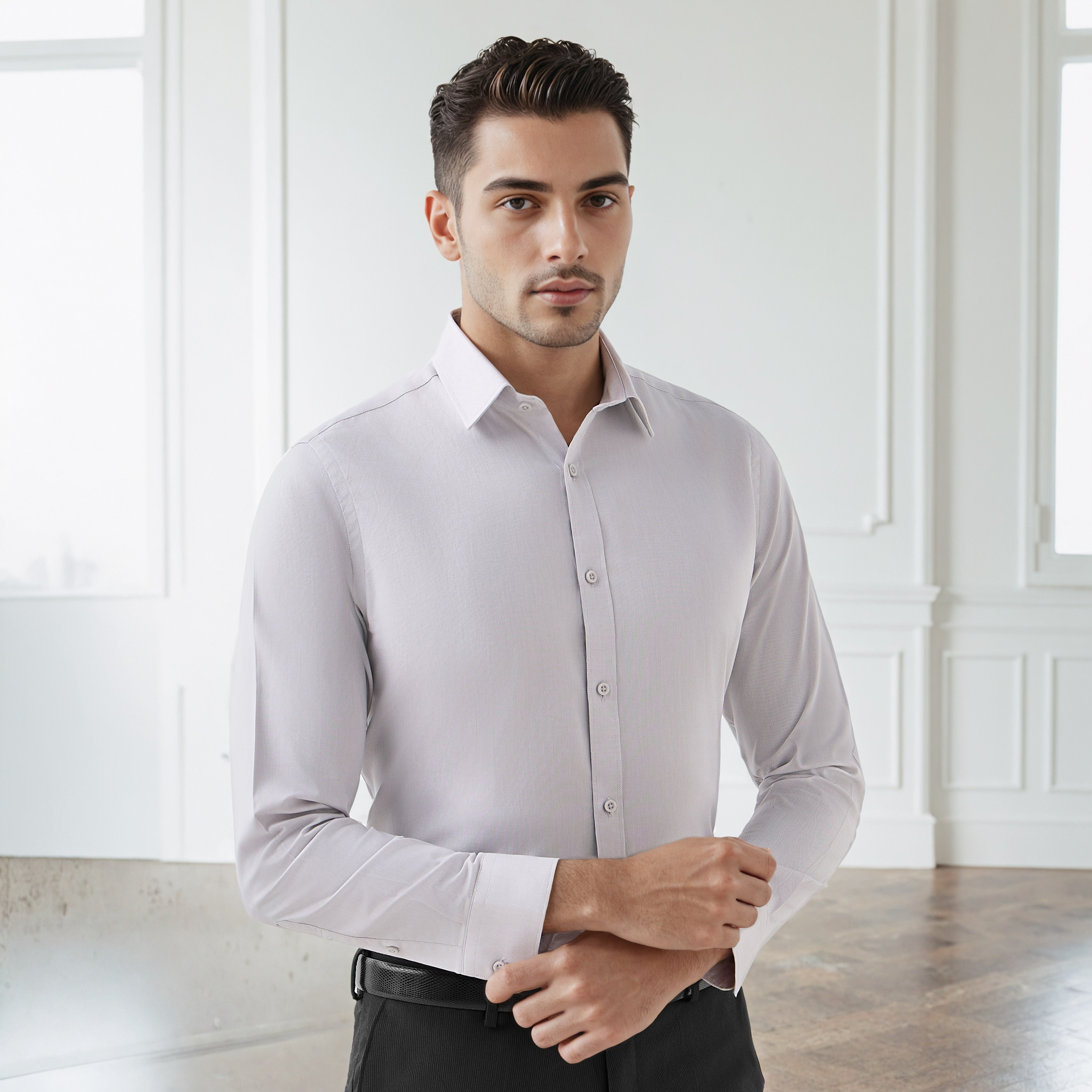 قميص بارز الملمس بياقة وقصة عادية وأكمام طويلة للرجال-men-clothing-shirts-image-1