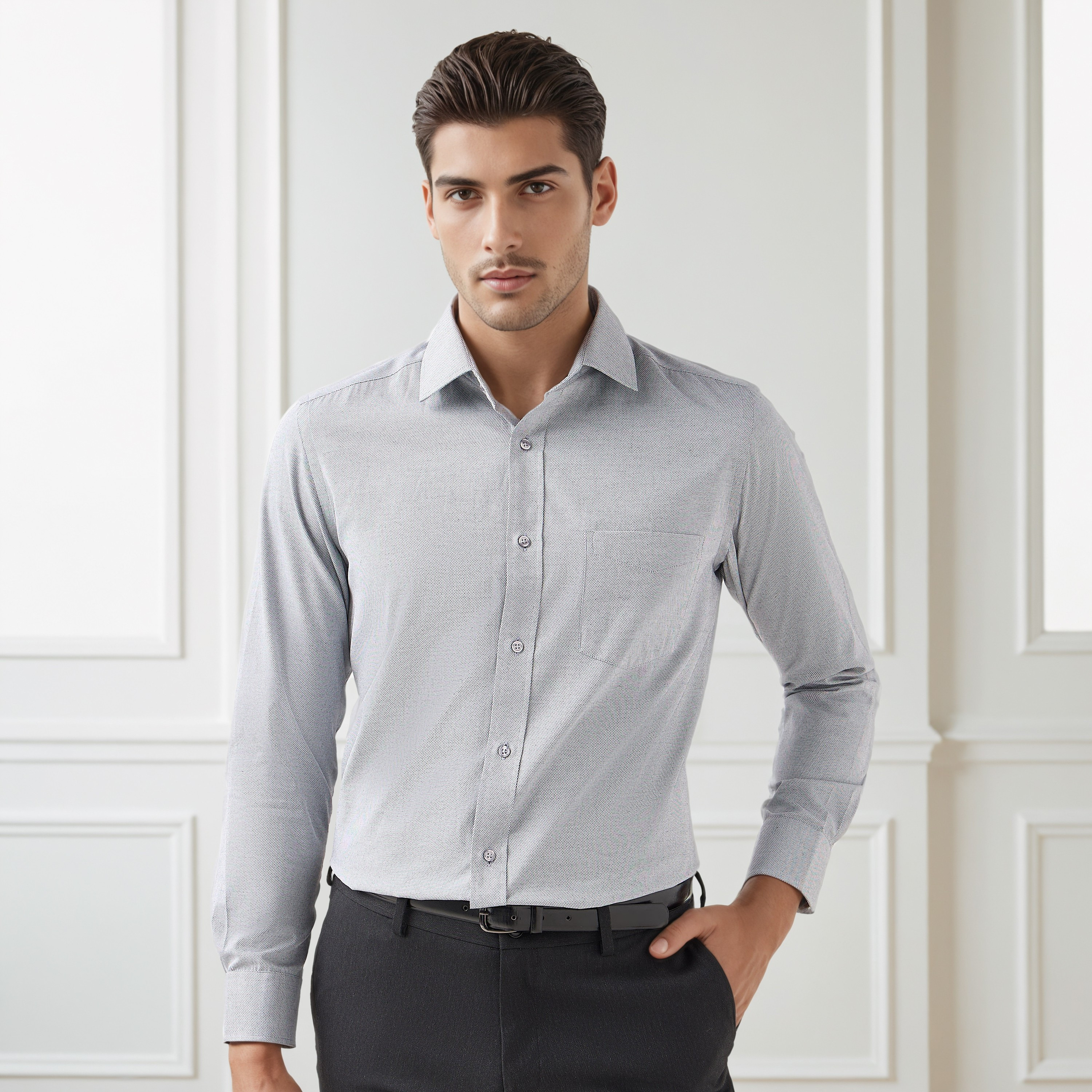 Men Regular Fit Collared Dobby Textured Long Sleeves Shirt-men-clothing-shirts-image-1