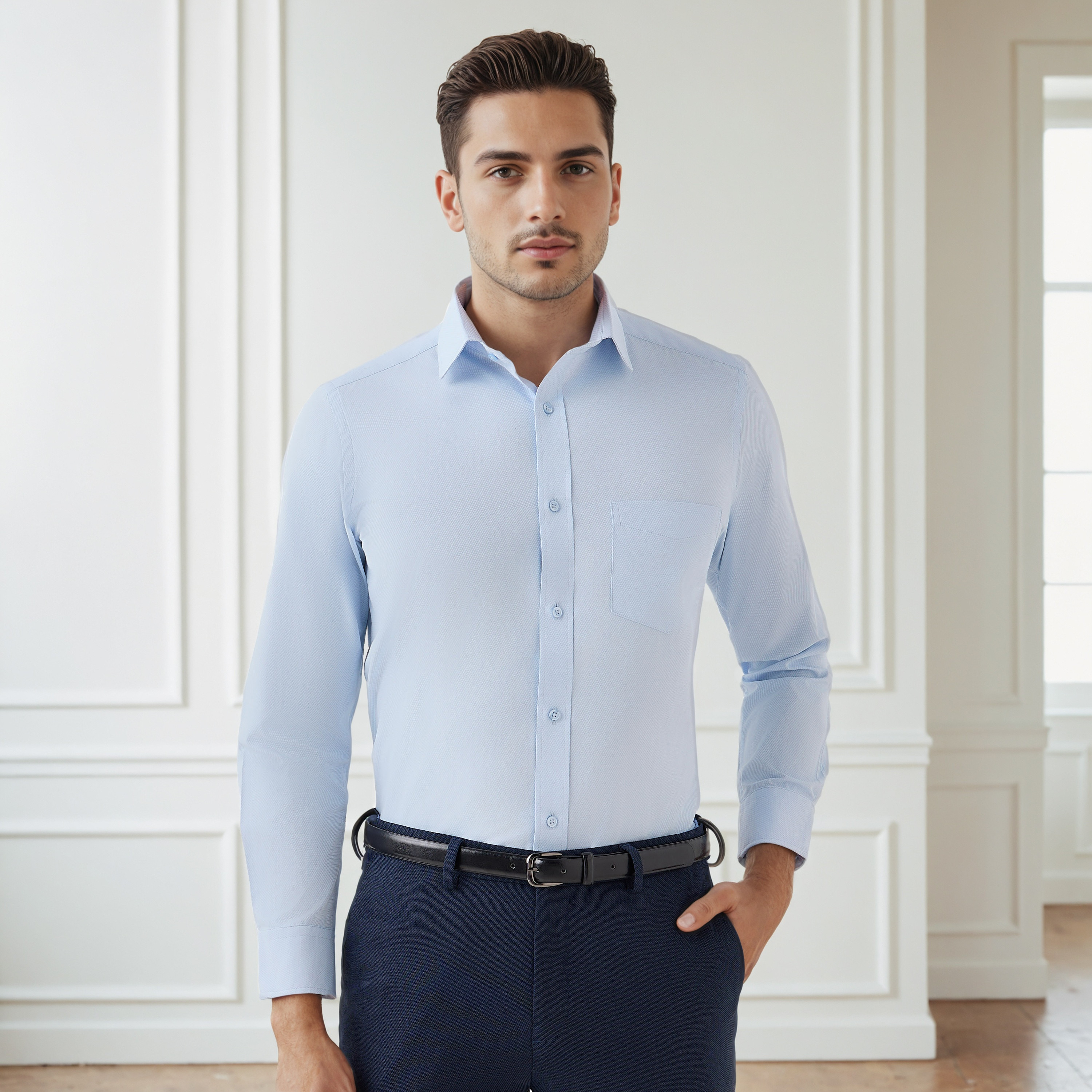 Men Regular Fit Collared Dobby Textured Long Sleeves Shirt-men-clothing-shirts-image-1