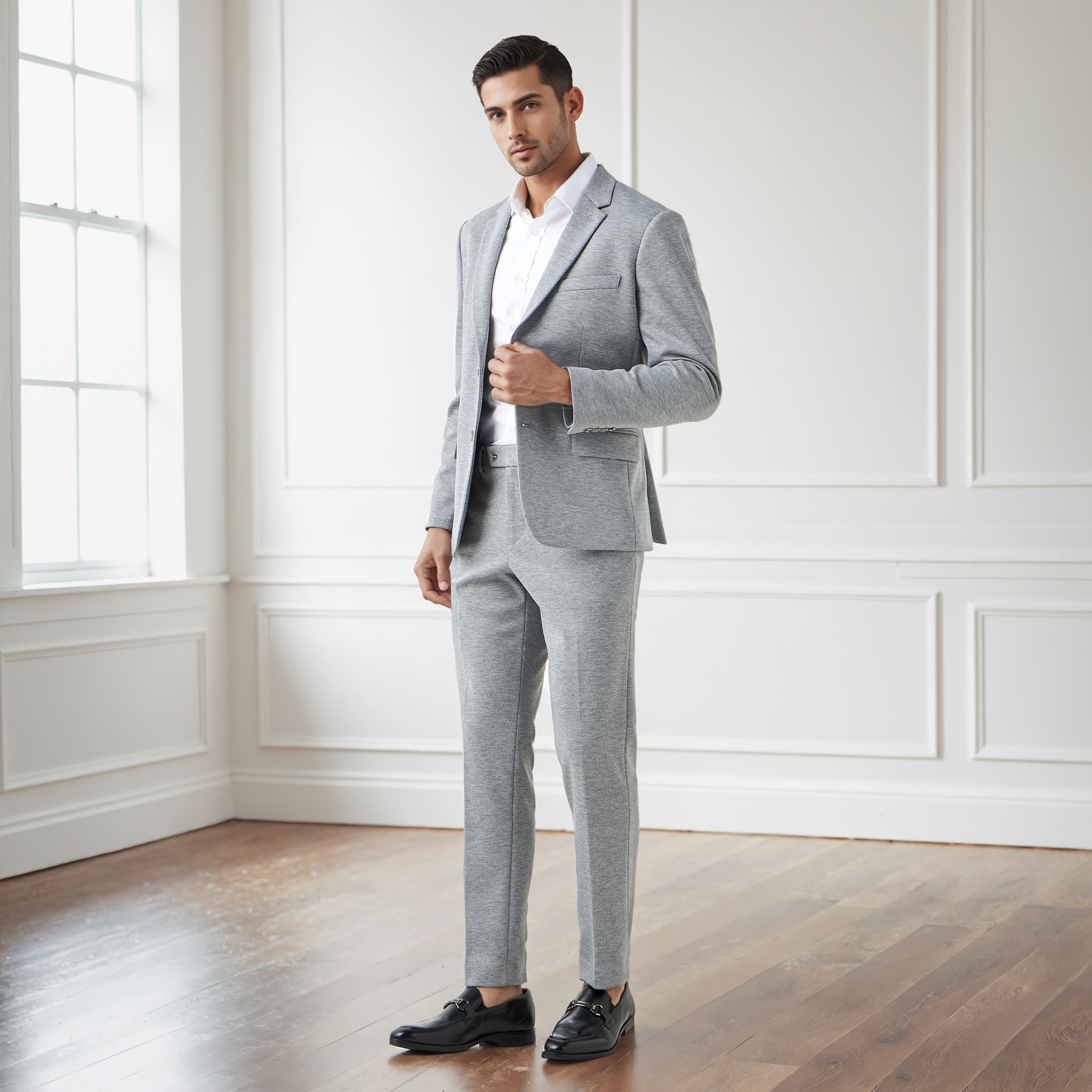 بنطلون رسمي تويل بقصة ضيقة وخصر مرن وملمس بارز-men-clothing-bottoms-trousersandchinos-trousers-image-2