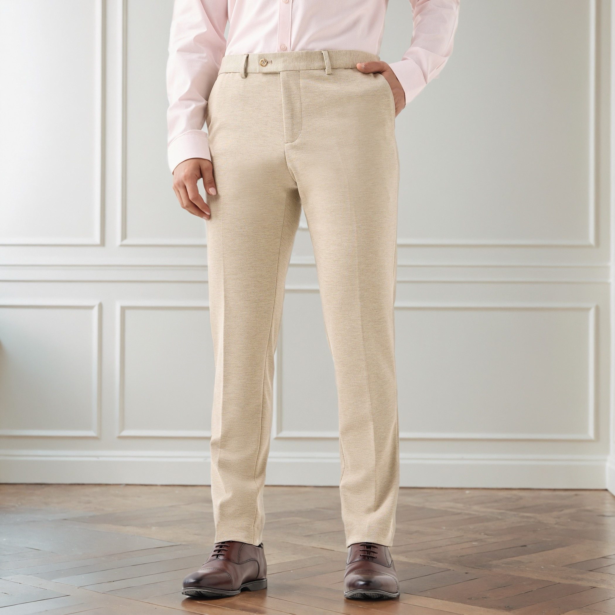Textured Slim Fit Twill Flexi Waist Formal Trousers-men-clothing-bottoms-trousersandchinos-trousers-image-1