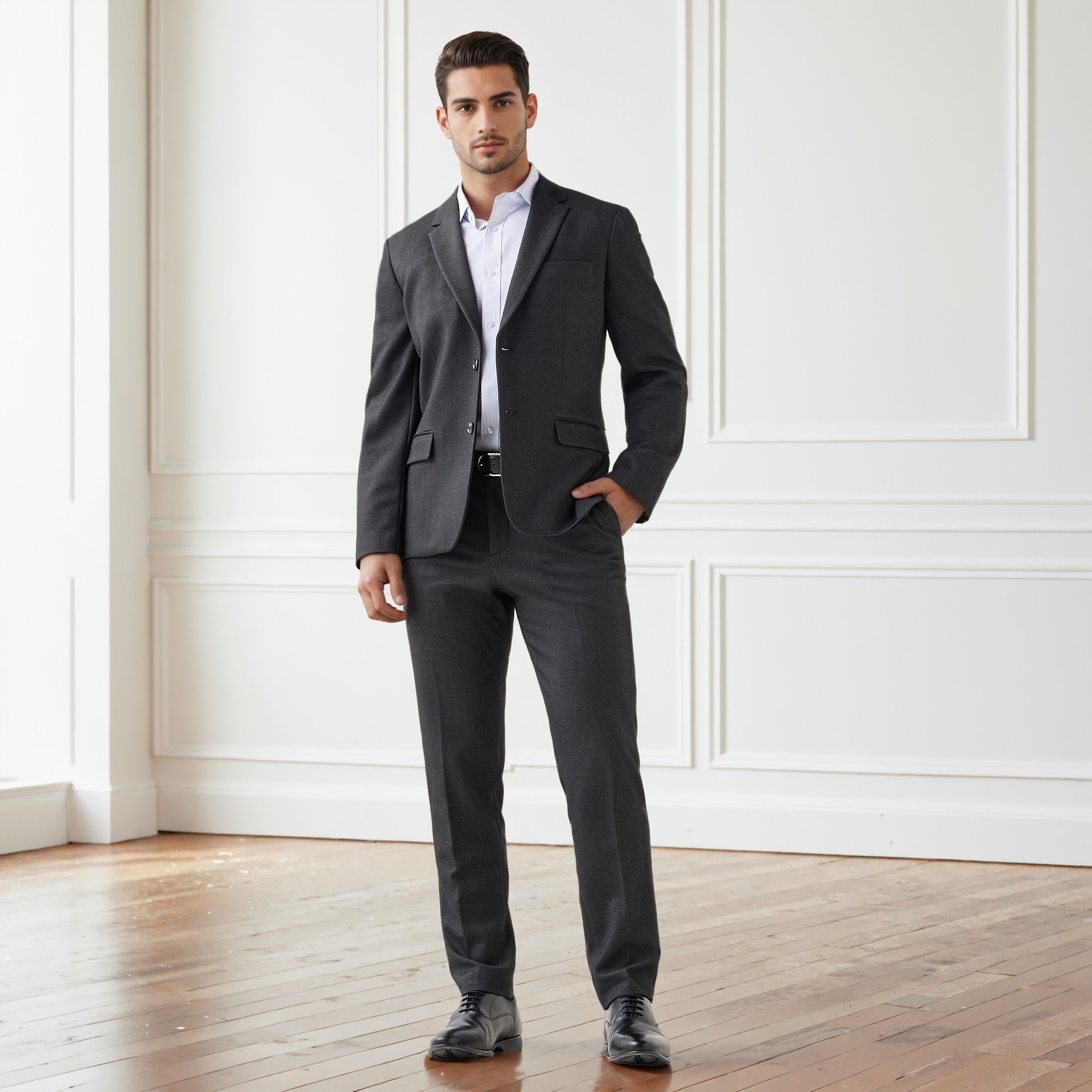 بنطلون رسمي تويل بقصة ضيقة وخصر مرن وملمس بارز-men-clothing-bottoms-trousersandchinos-trousers-image-2