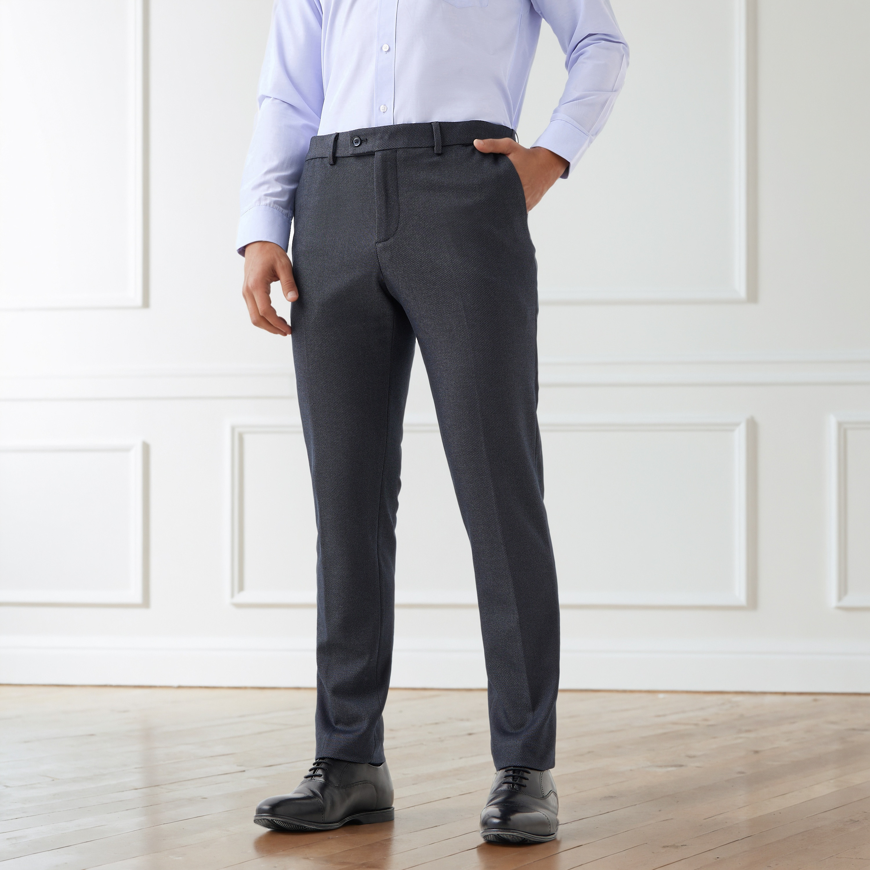 Textured Slim Fit Twill Flexi Waist Formal Trousers-men-clothing-bottoms-trousersandchinos-trousers-image-1