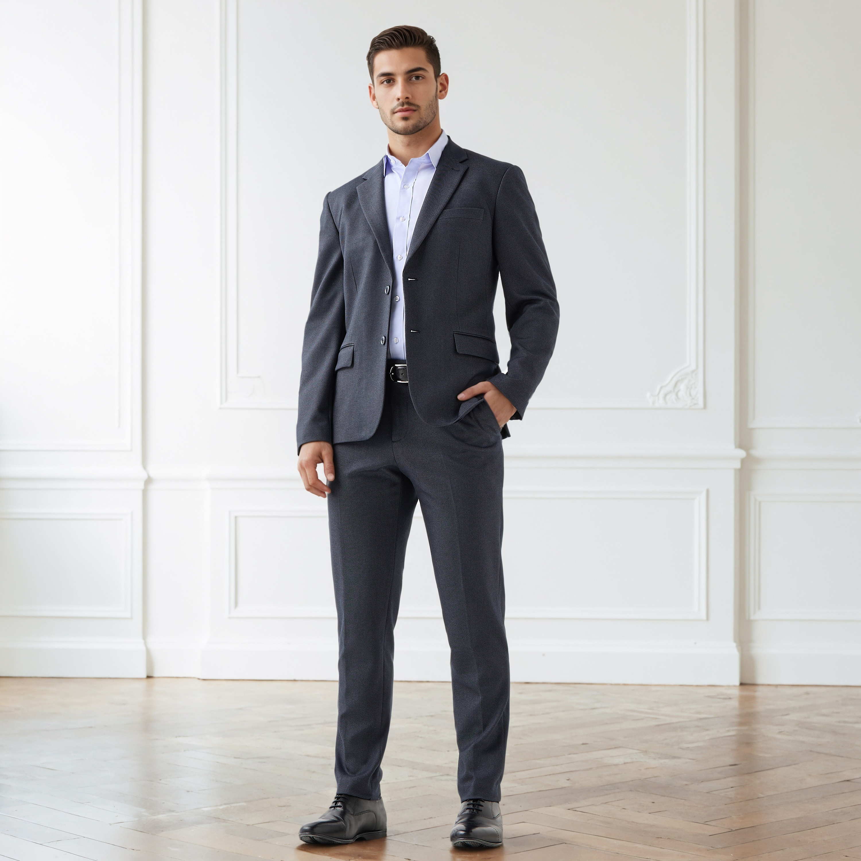 Textured Slim Fit Twill Flexi Waist Formal Trousers-men-clothing-bottoms-trousersandchinos-trousers-image-2