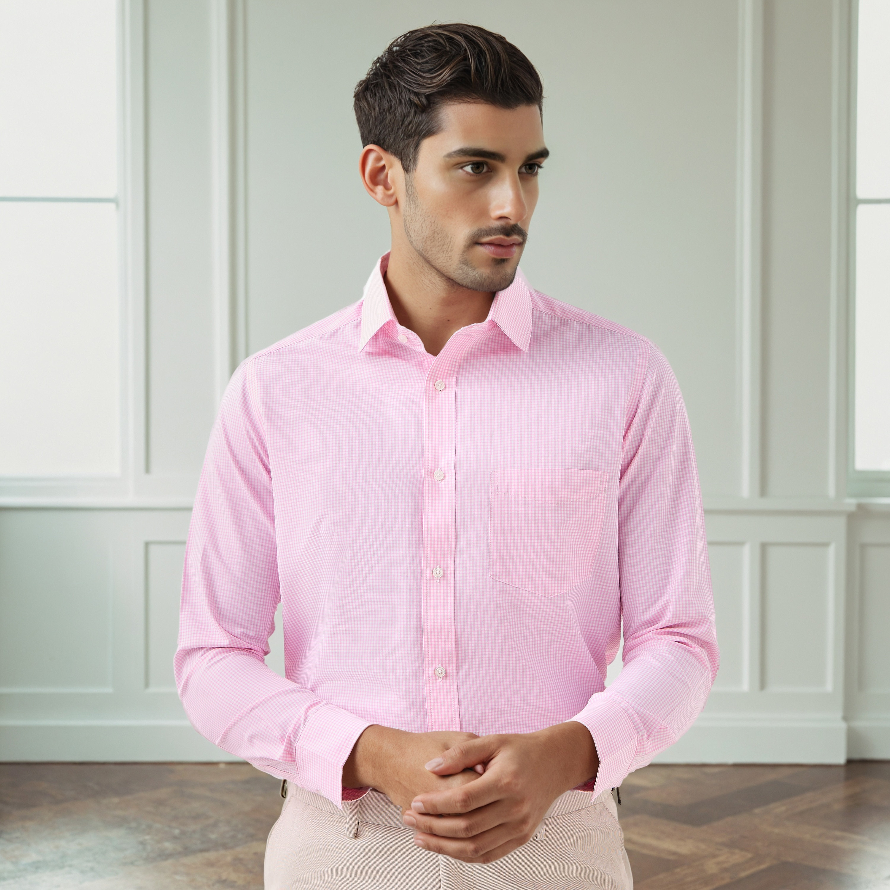 قميص كاروهات بقصة عادية وياقة وأكمام طويلة للرجال-men-clothing-shirts-image-1