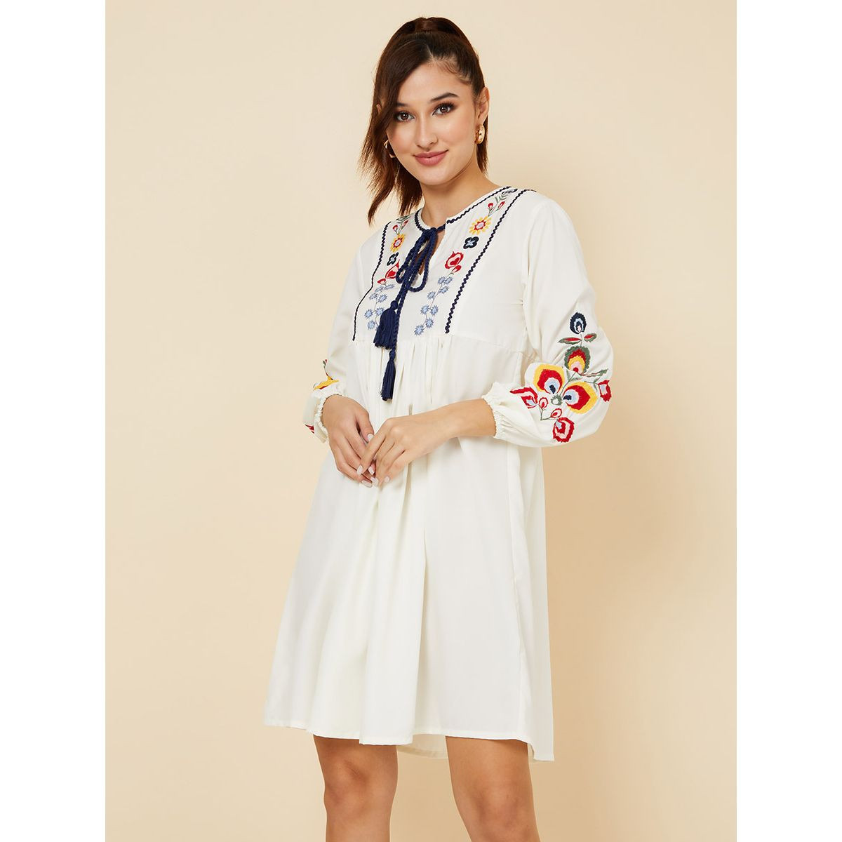Styli Long Sleeves Embroidered Mini Dress with Tassel Detail-women-clothing-dresses-image-1