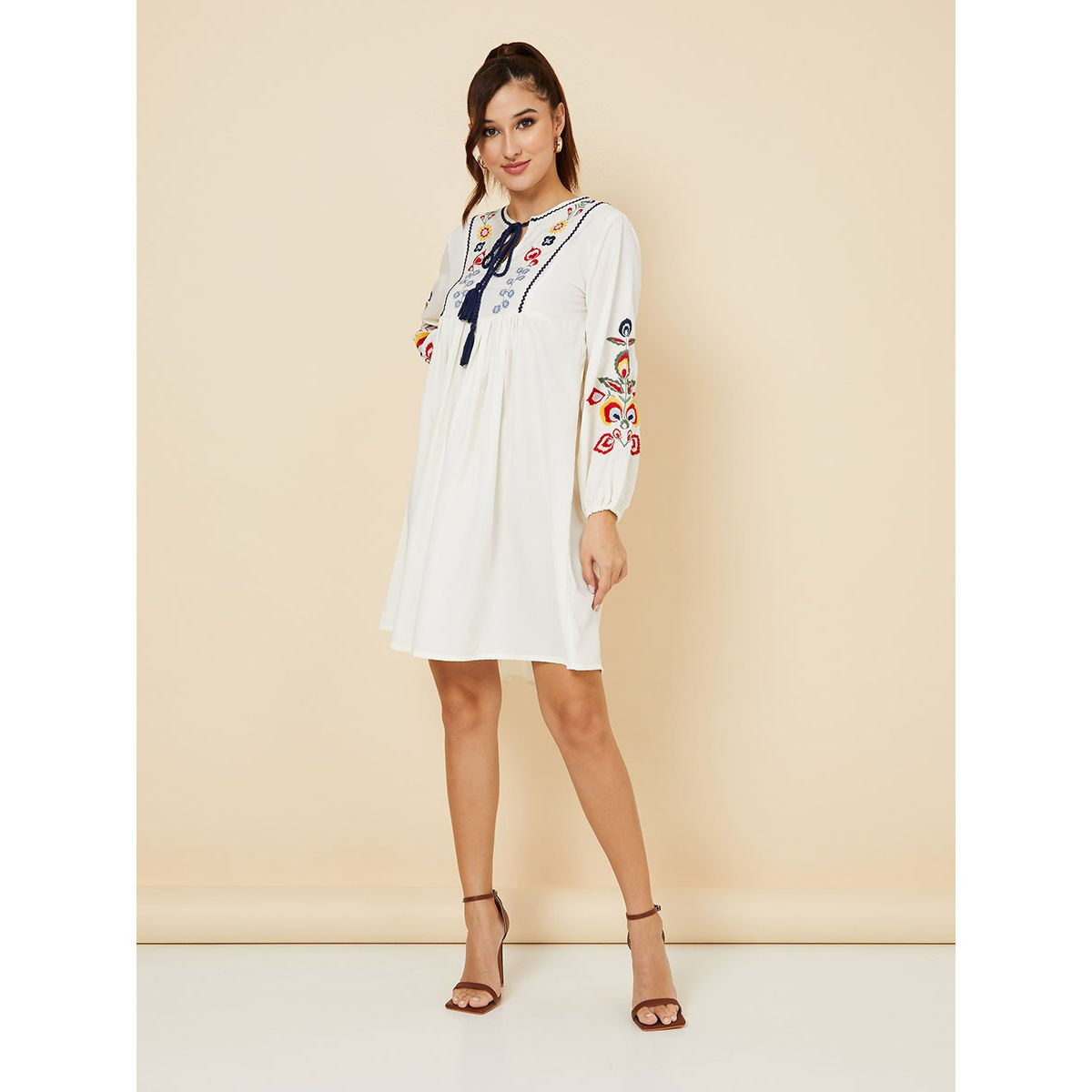 Styli Long Sleeves Embroidered Mini Dress with Tassel Detail-women-clothing-dresses-image-2