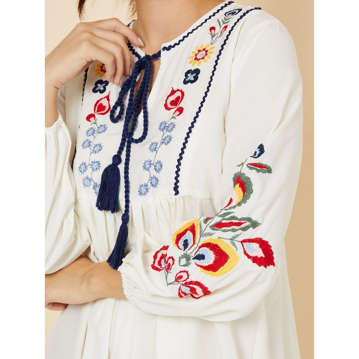Styli Long Sleeves Embroidered Mini Dress with Tassel Detail-women-clothing-dresses-image-3