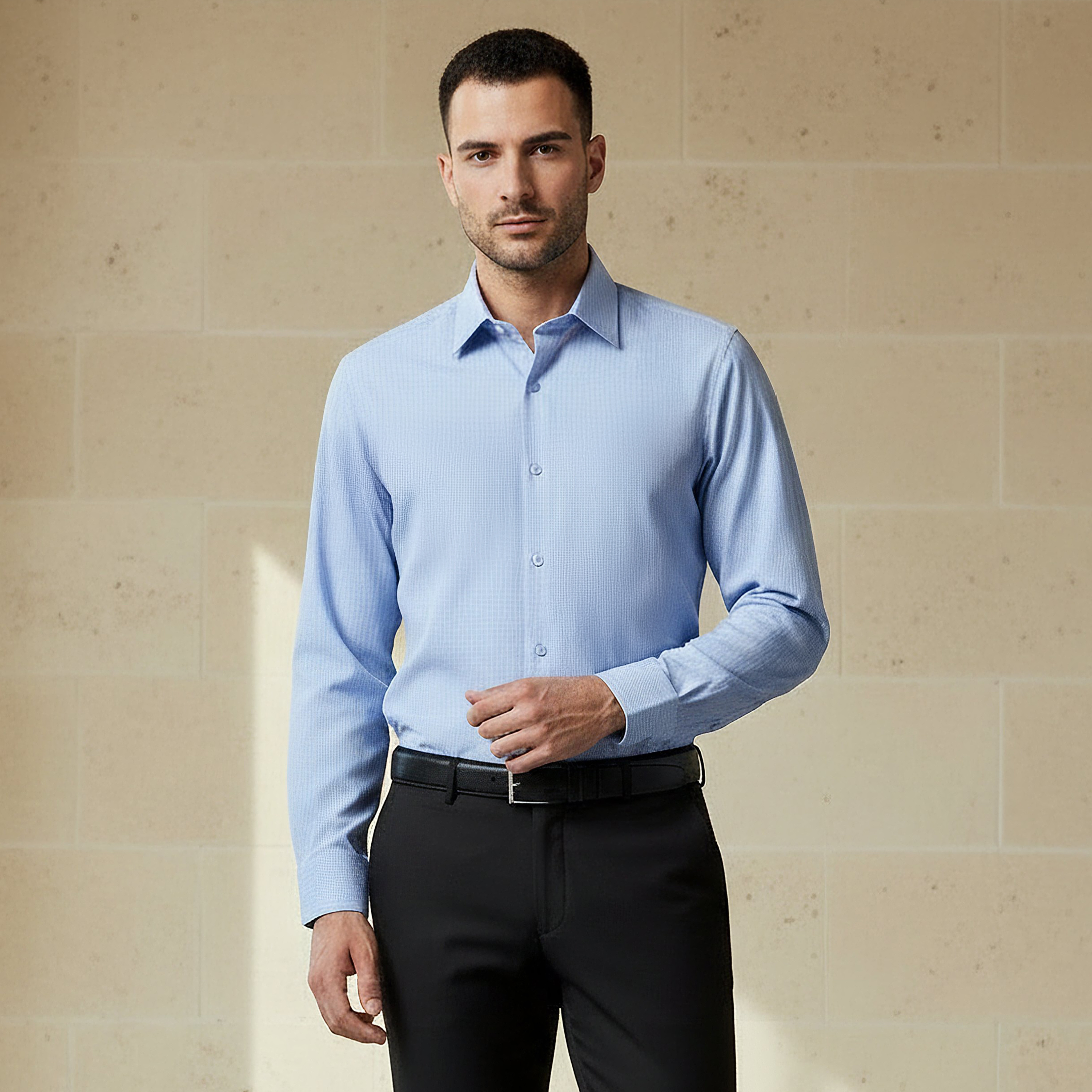 قميص كاروهات بياقة وقصة عادية وأكمام طويلة للرجال-men-clothing-shirts-image-1