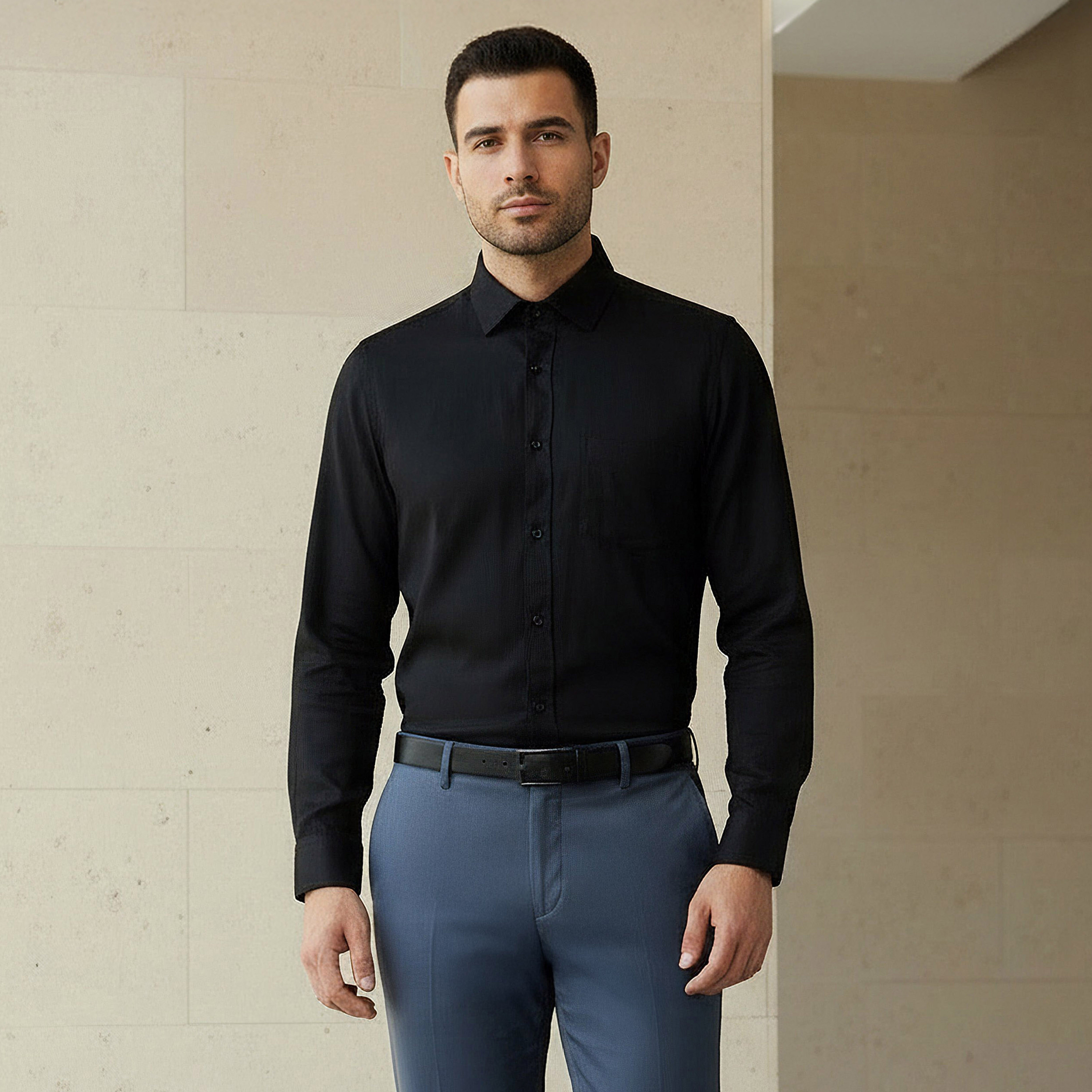 Men Regular Fit Collared Long Sleeves Dobby Shirt-men-clothing-shirts-image-1
