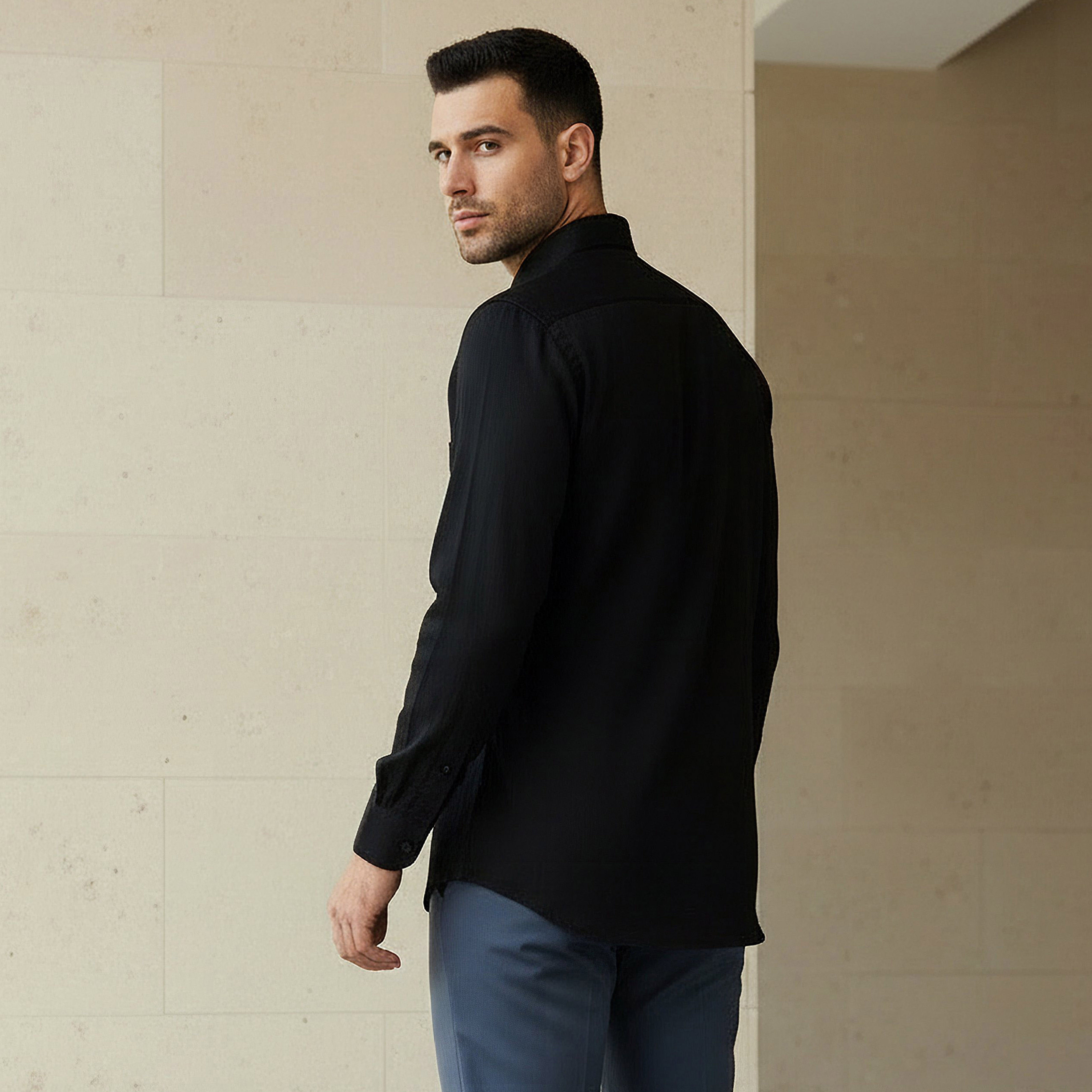 Men Regular Fit Collared Long Sleeves Dobby Shirt-men-clothing-shirts-image-3