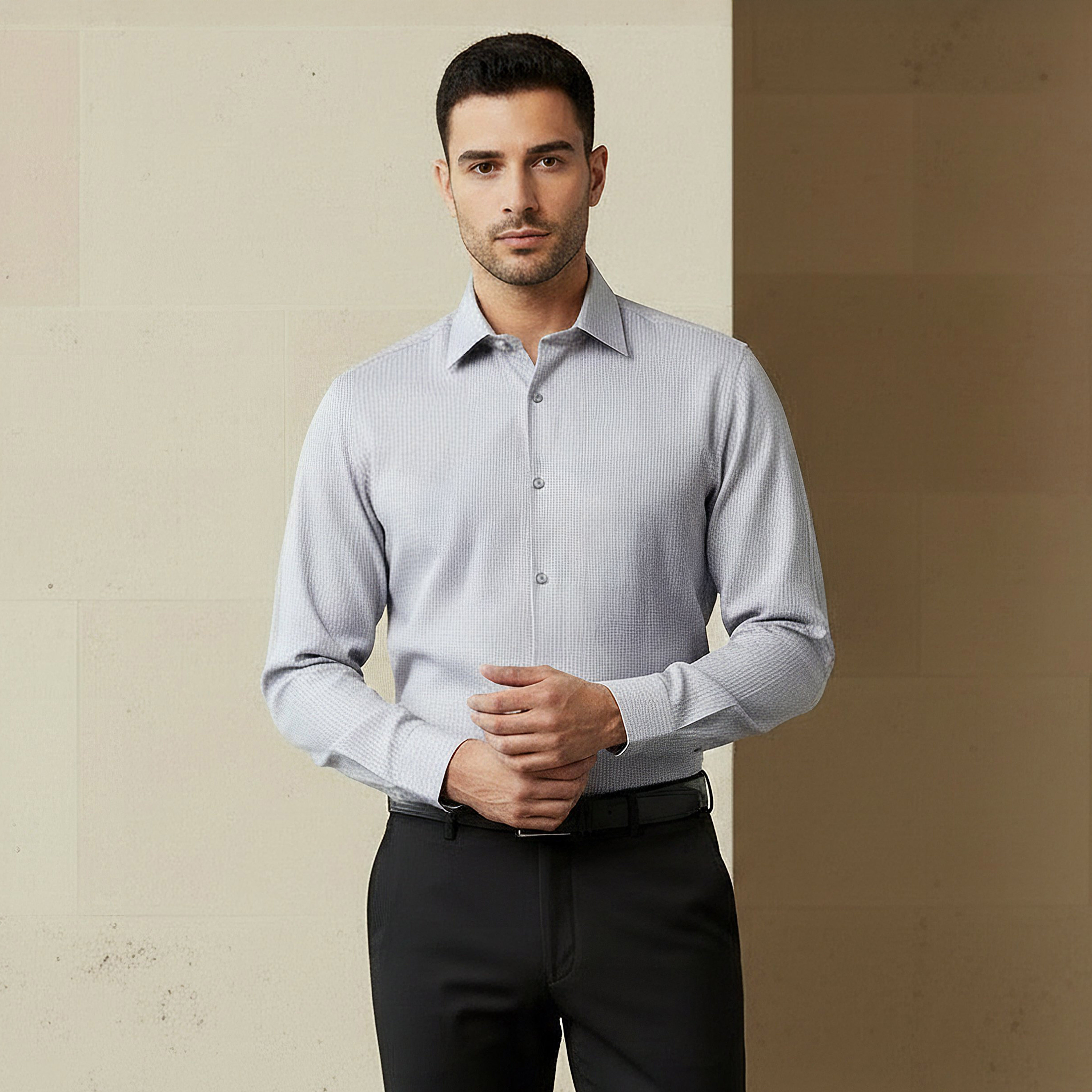 Men Slim Fit Spread Collar Textured Long Sleeve Shirt-men-clothing-shirts-image-1
