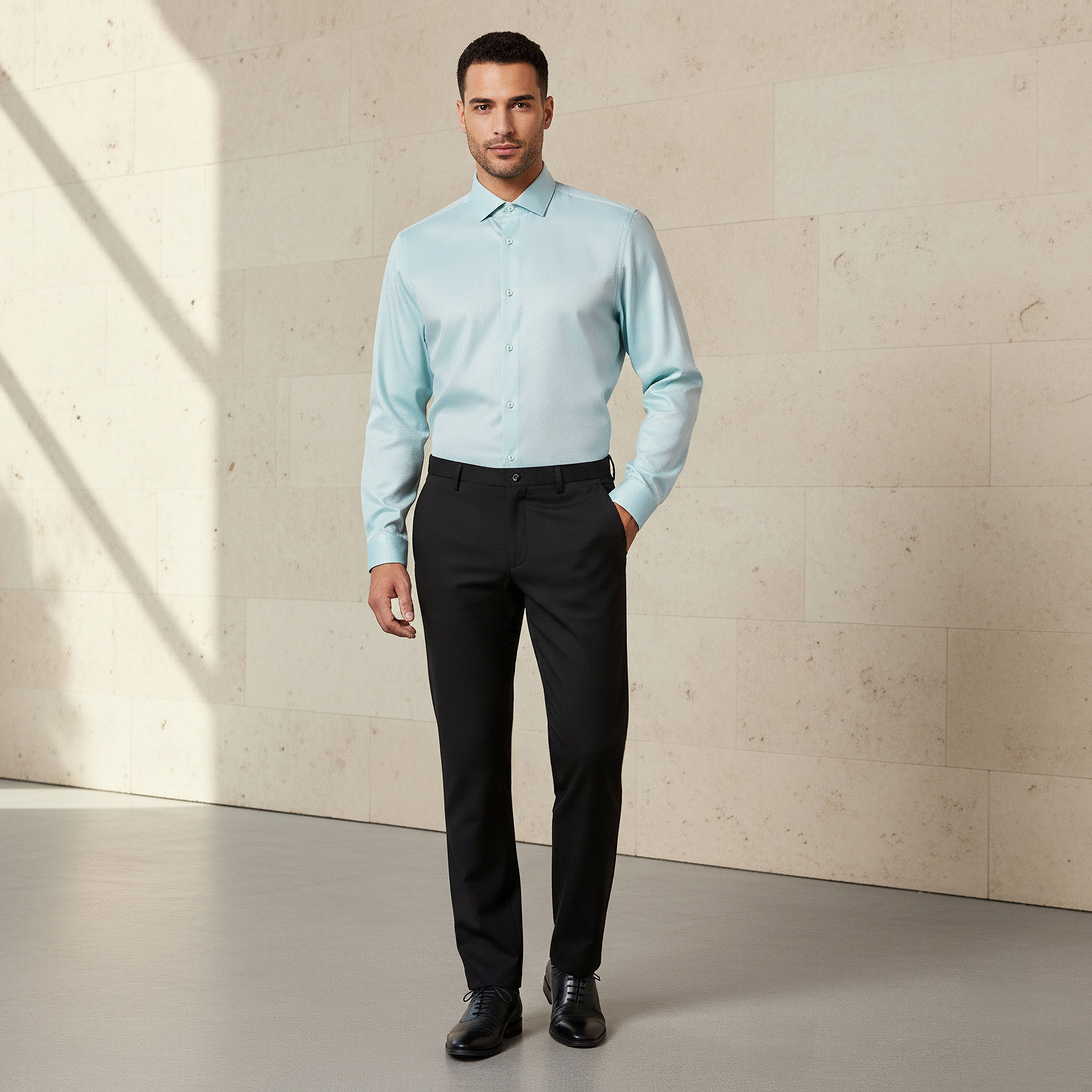 قميص رجالي بارز الملمس بقصة ضيقة وأكمام طويلة وياقة سبريد-men-clothing-shirts-image-2