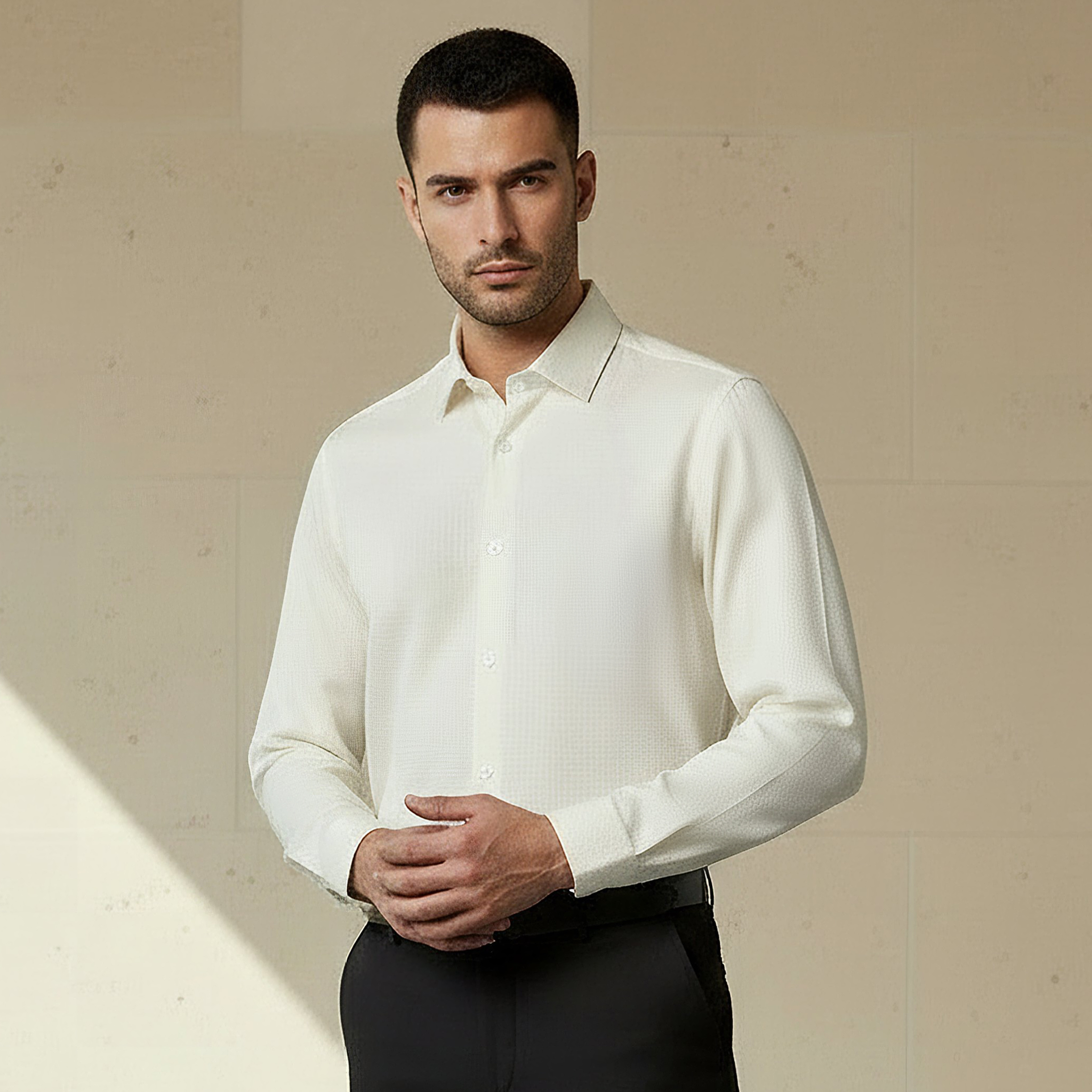 Men Regular Fit Collared Textured Long Sleeve Shirt-men-clothing-shirts-image-1