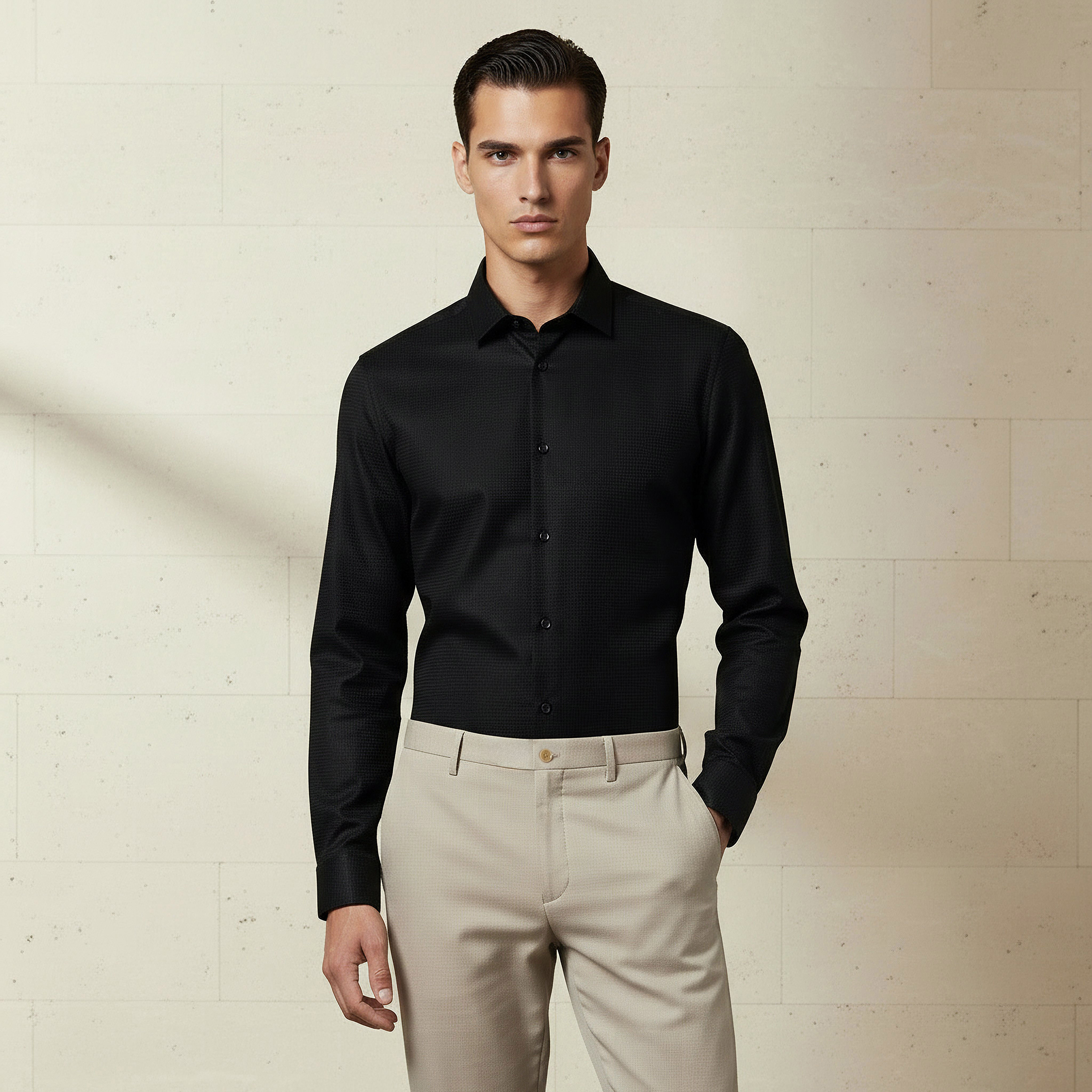 Men Regular Fit Collared Textured Long Sleeve Shirt-men-clothing-shirts-image-1