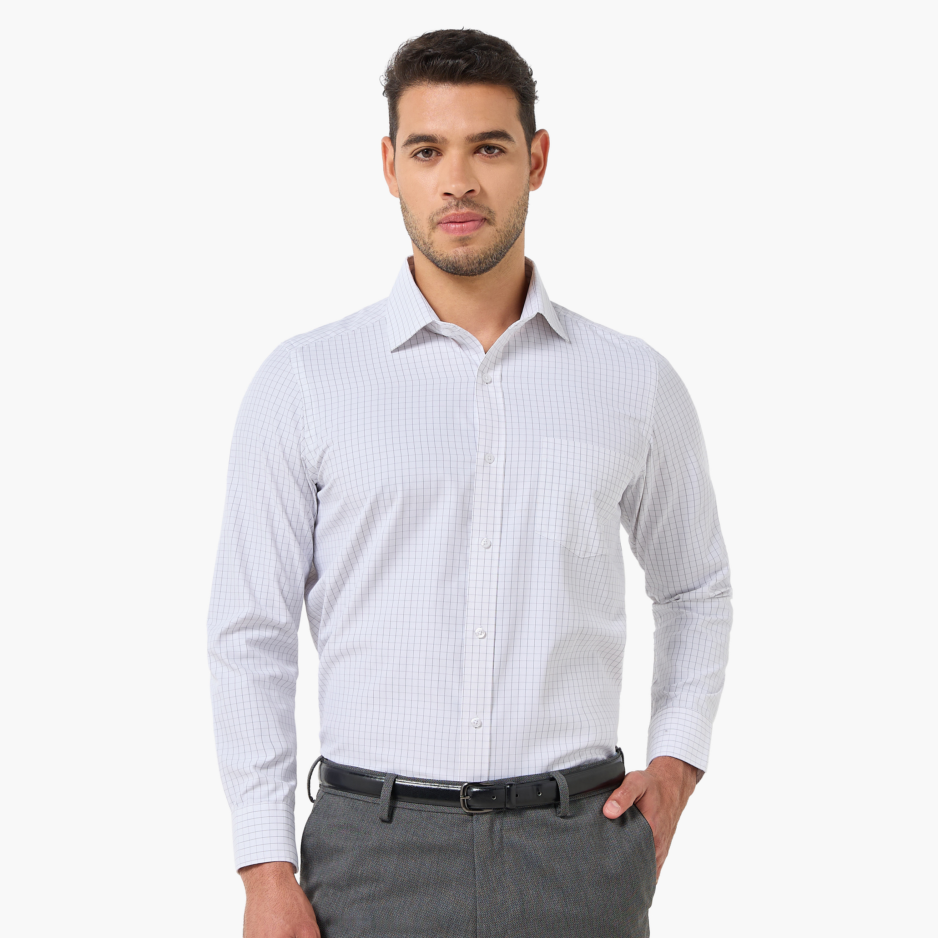 قميص كاروهات بأكمام طويلة وياقة وقصة عادية للرجال-men-clothing-shirts-image-1