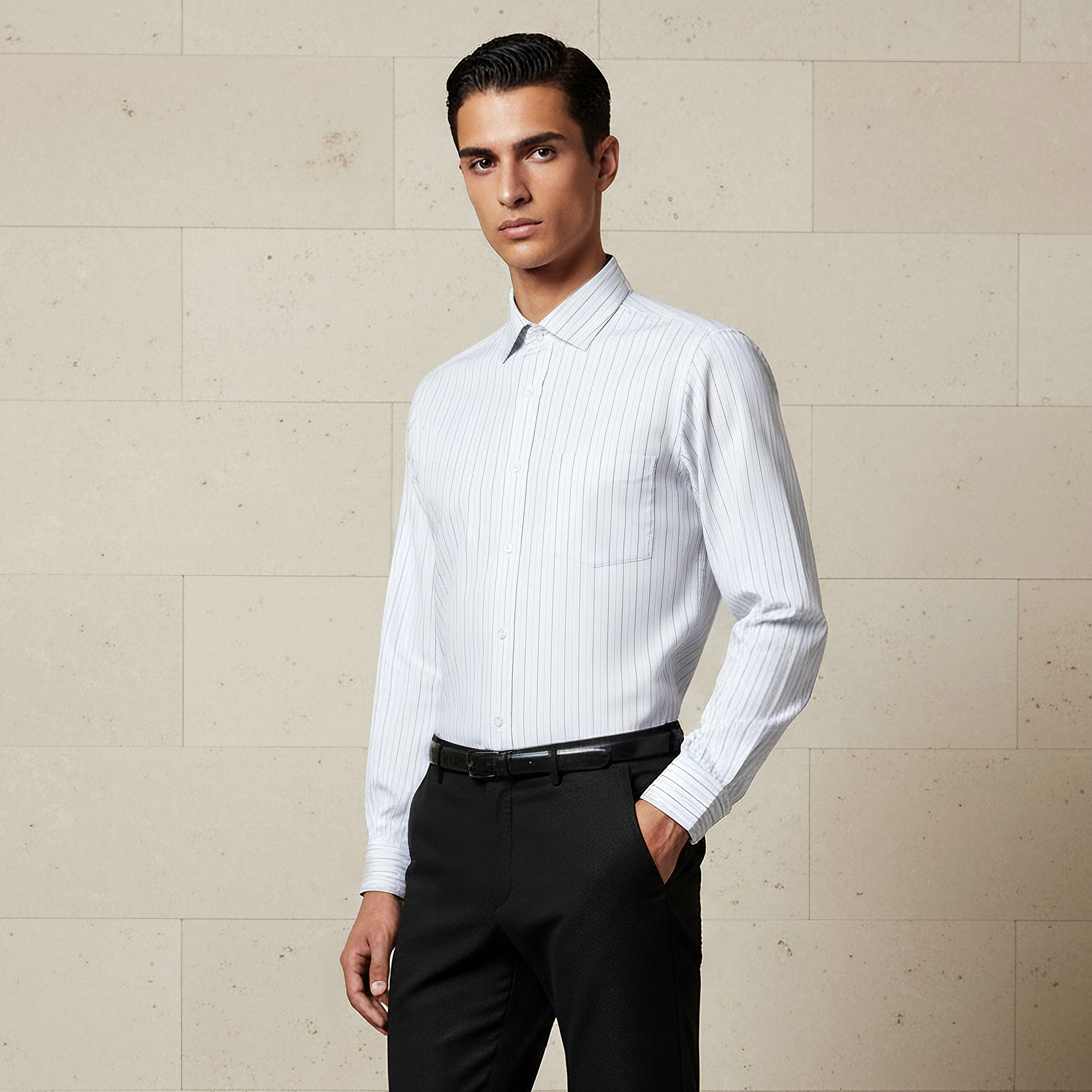 قميص مخطط بقصة عادية وياقة وأكمام طويلة للرجال-men-clothing-shirts-image-1