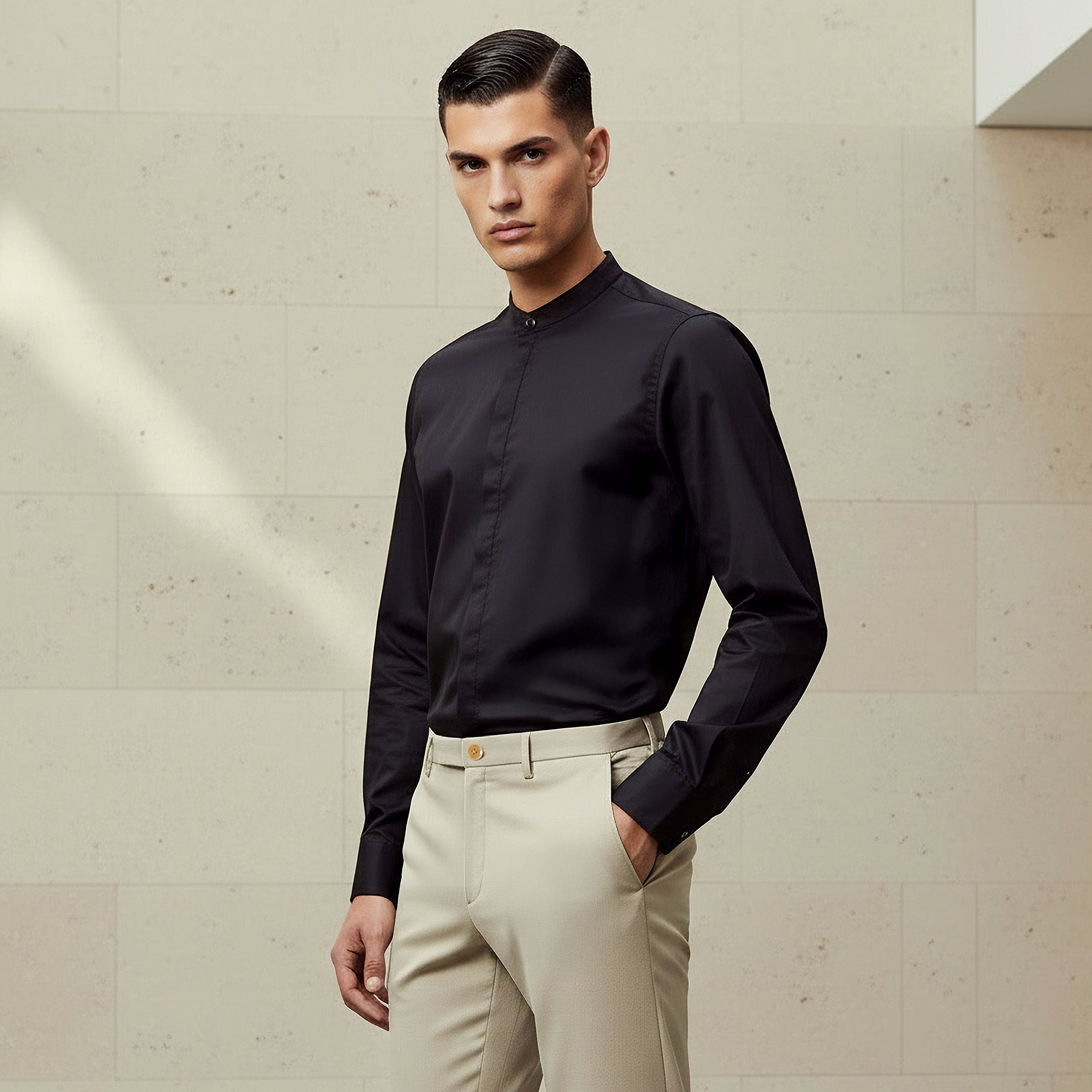 قميص بقصة عادية وياقة ماندارين وأكمام طويلة للرجال-men-clothing-shirts-image-1
