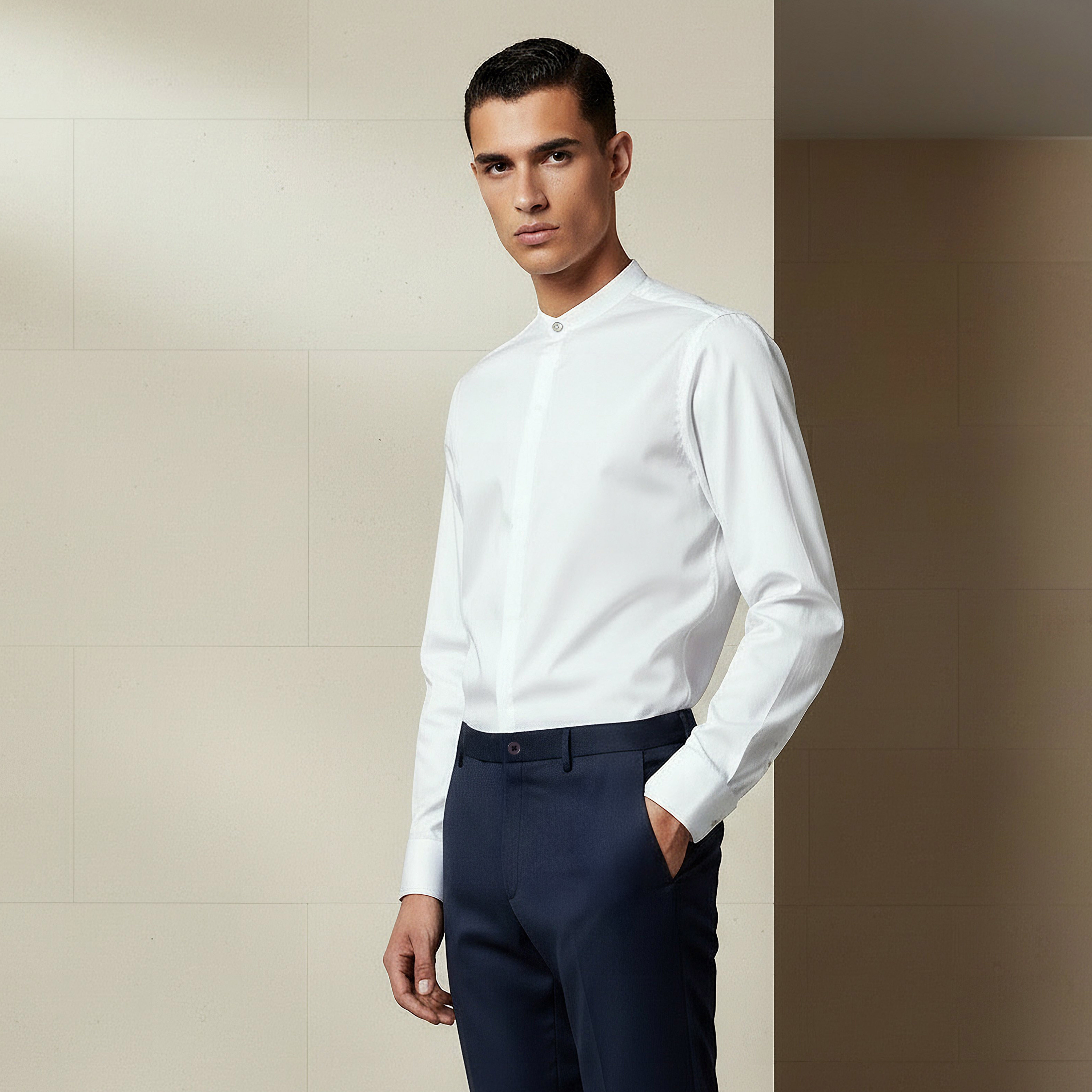 قميص بقصة عادية وياقة ماندارين وأكمام طويلة للرجال-men-clothing-shirts-image-1