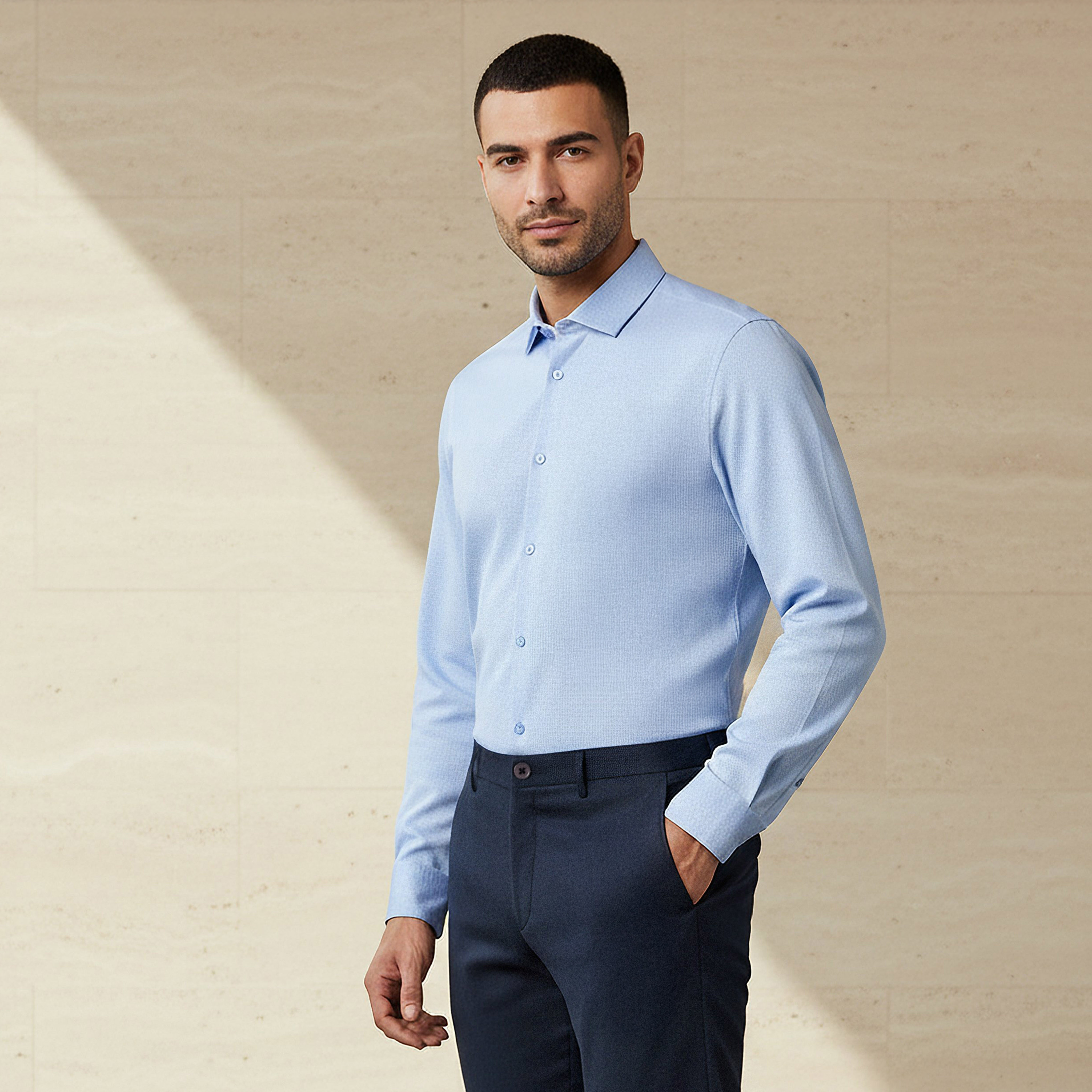قميص رجالي بارز الملمس بقصة ضيقة وياقة عادية وأكمام طويلة-men-clothing-shirts-image-1