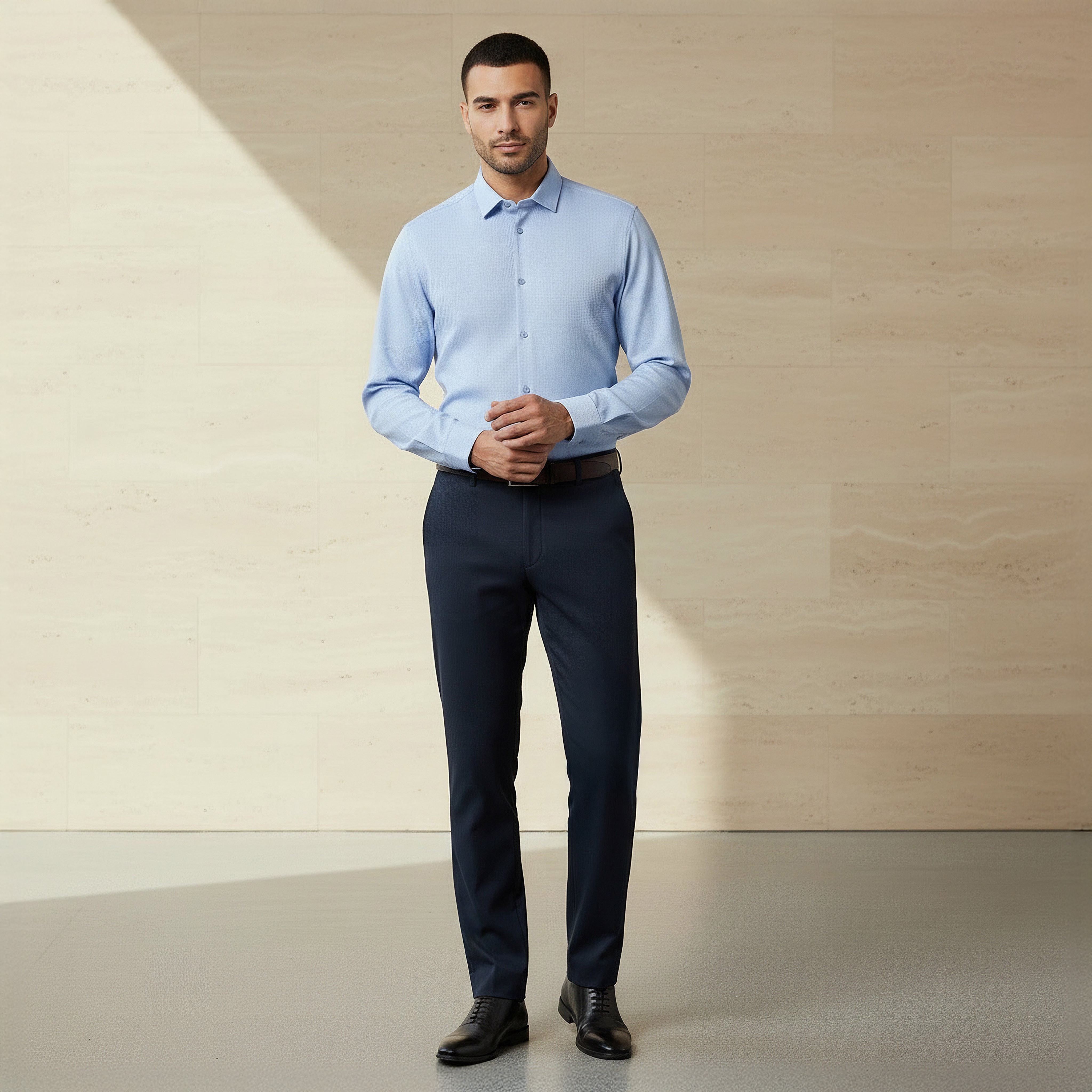 قميص رجالي بارز الملمس بقصة ضيقة وياقة عادية وأكمام طويلة-men-clothing-shirts-image-2
