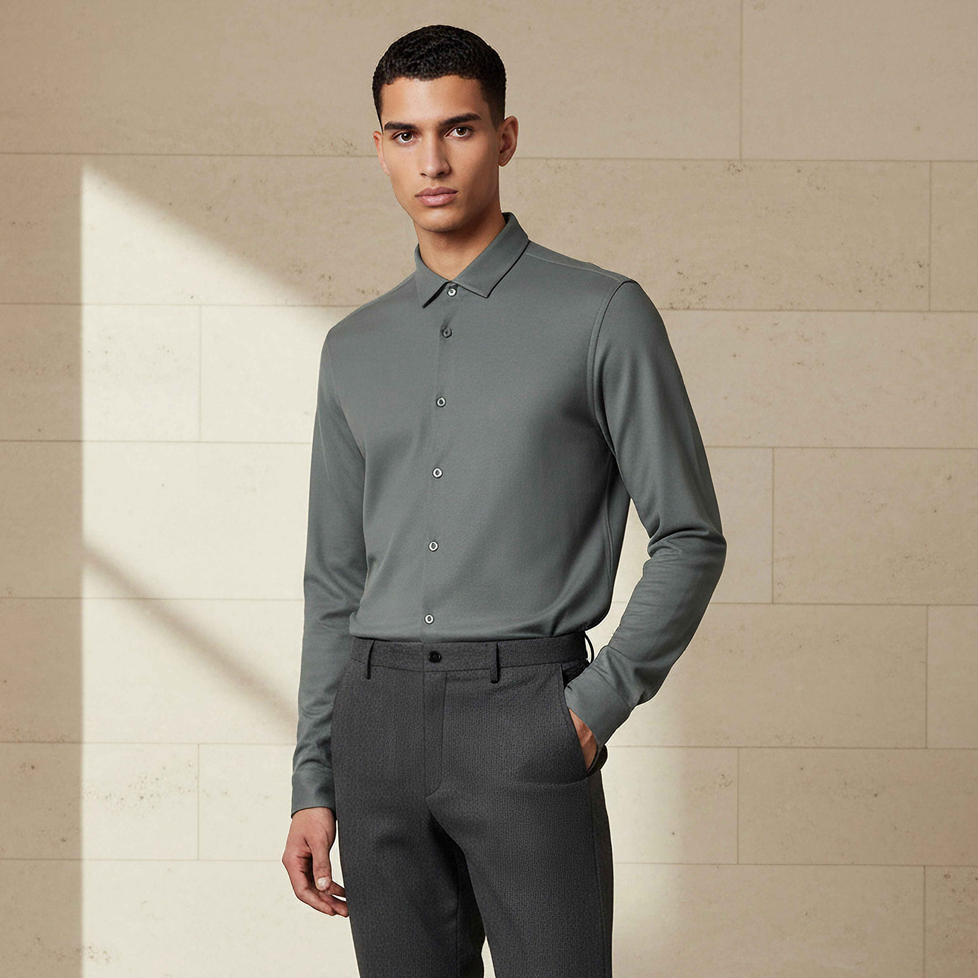 Men Slim Fit Collared Textured Long Sleeves Shirt-men-clothing-shirts-image-1