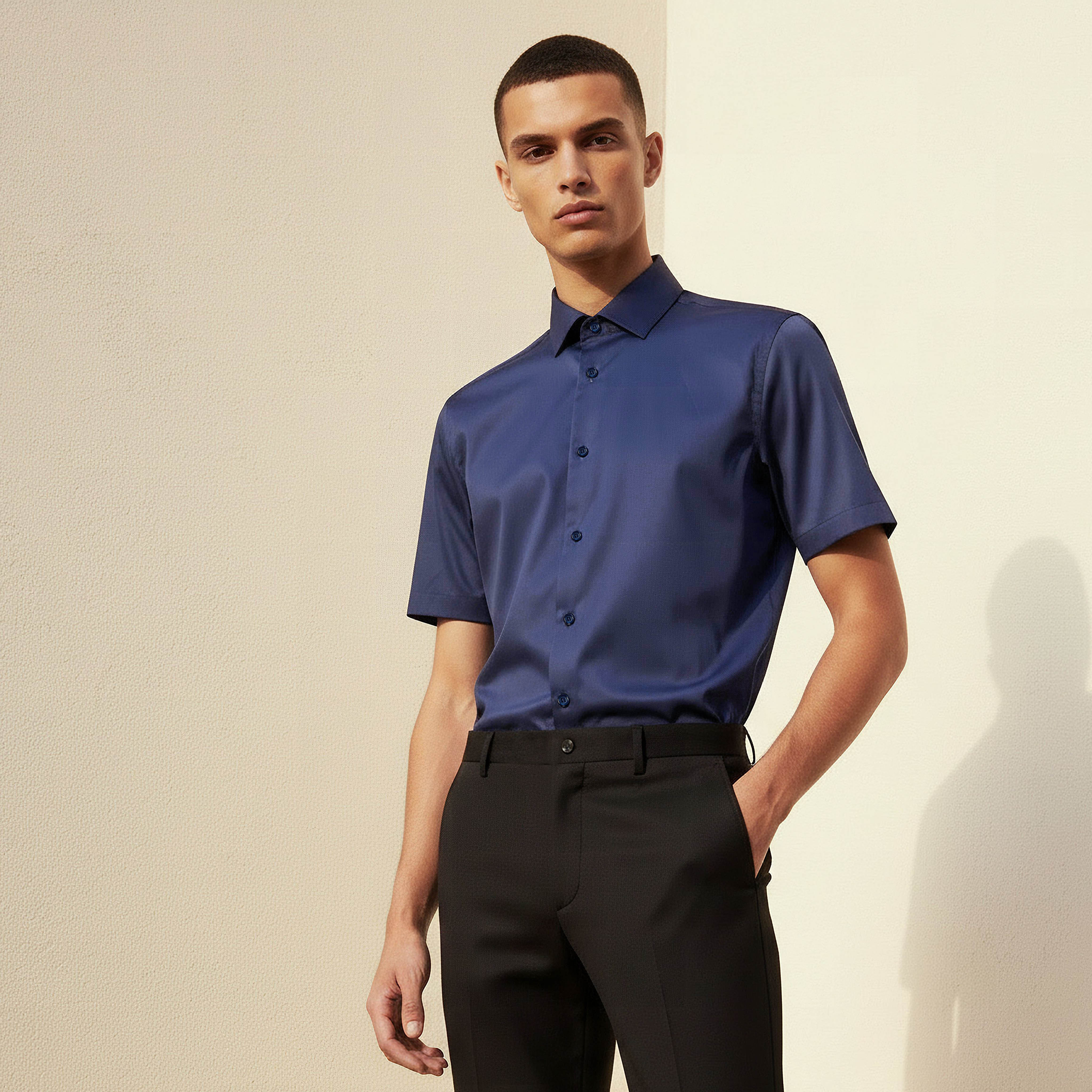 Men Slim Fit Collared Short Sleeve Shirt-men-clothing-shirts-image-1