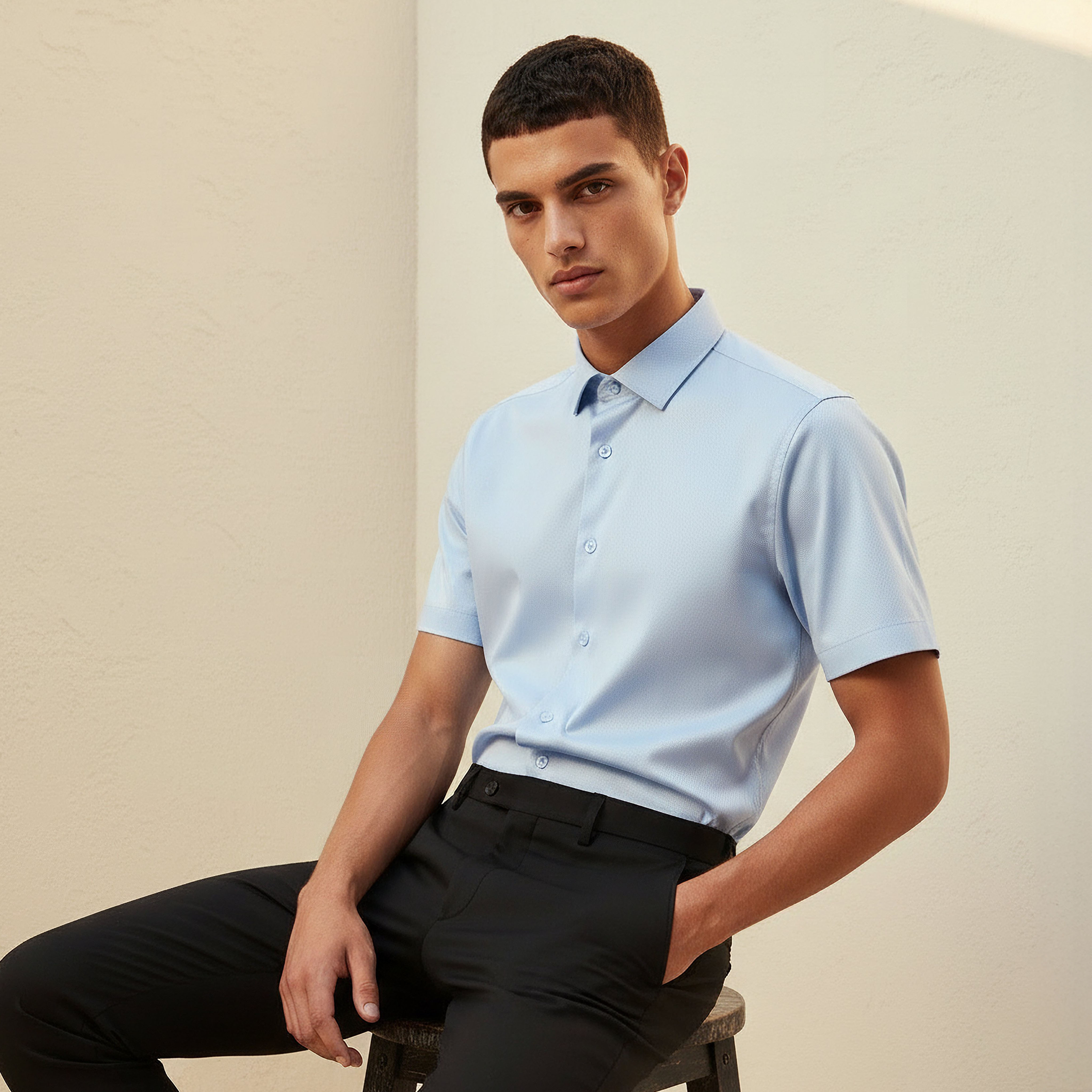 قميص بقصّة سليم وياقة عادية وأكمام قصيرة للرجال-men-clothing-shirts-image-1