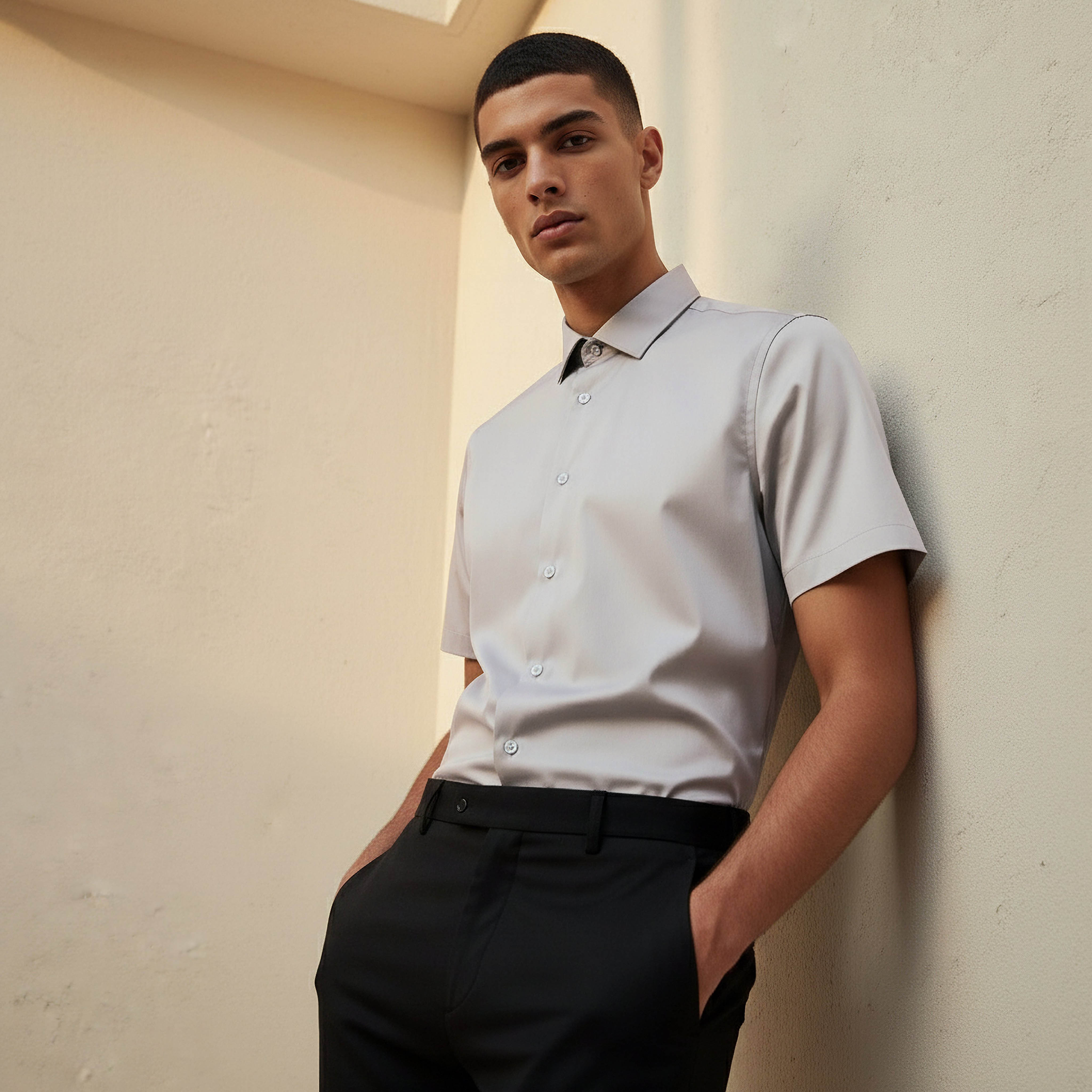 Men Slim Fit Collared Short Sleeve Shirt-men-clothing-shirts-image-1