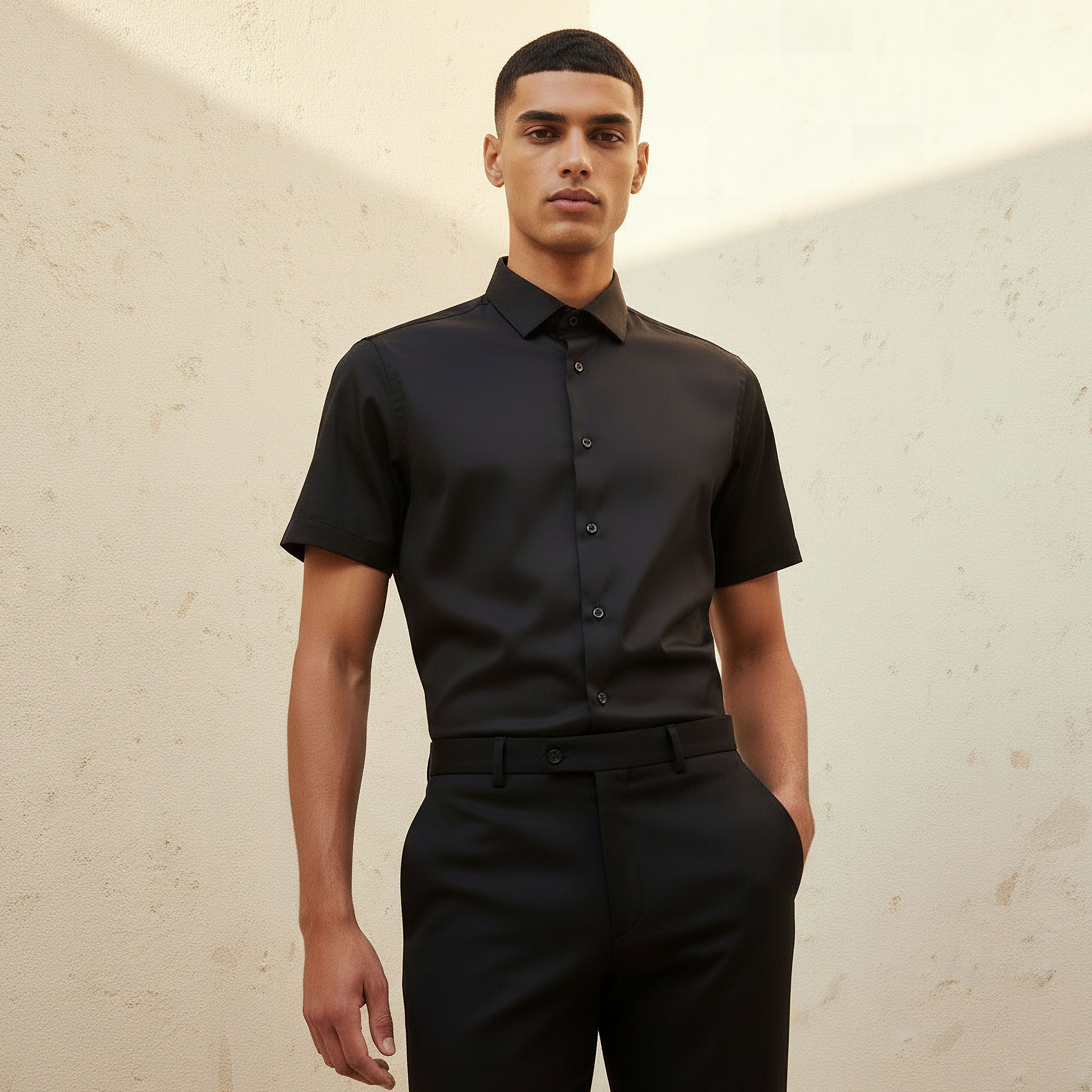 Men Slim Fit Collared Short Sleeve Shirt-men-clothing-shirts-image-1