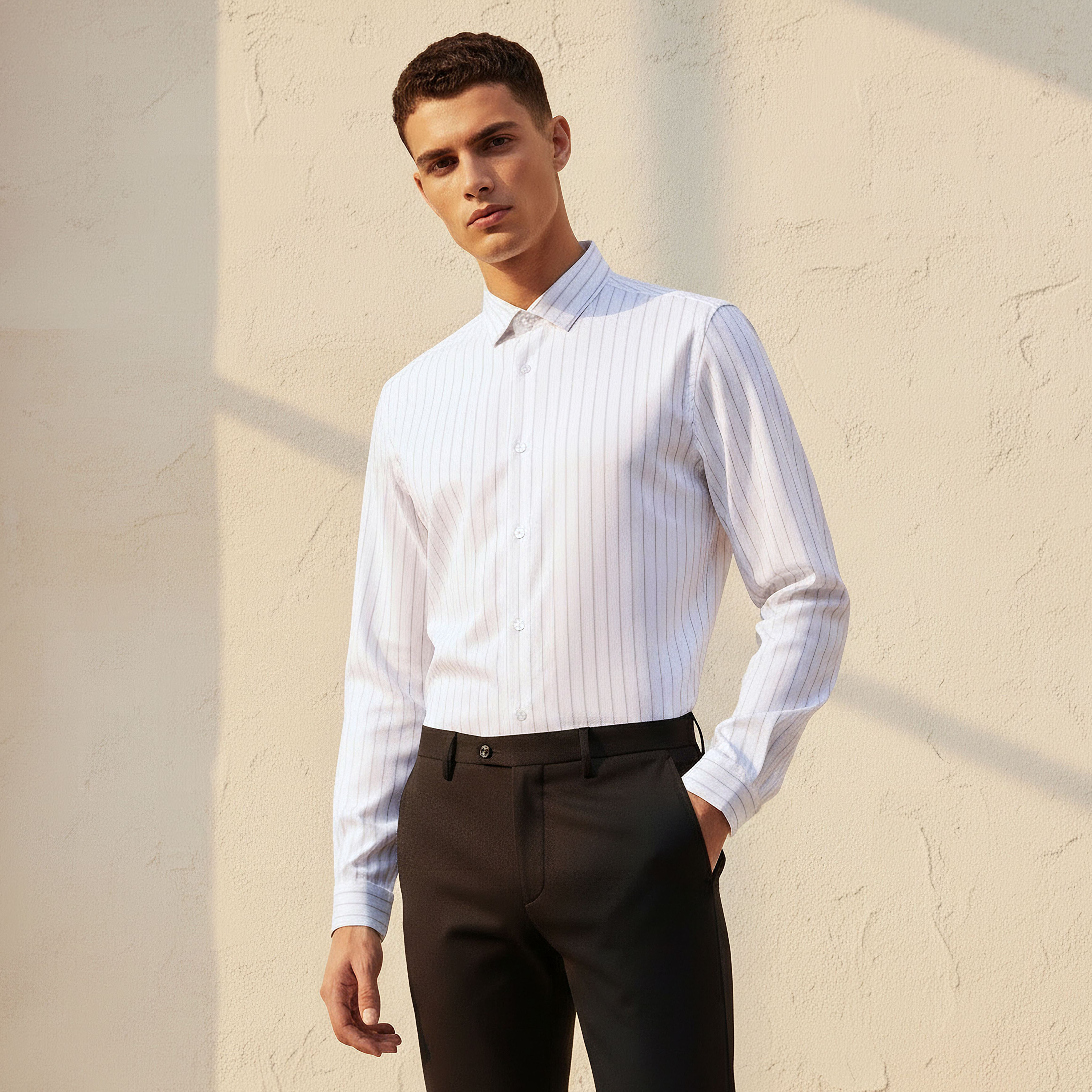 قميص مقلم بقصة عادية وياقة وأكمام طويلة للرجال-men-clothing-shirts-image-1