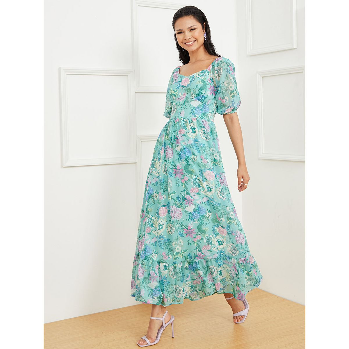 Styli Short Puff Sleeves Floral Print Sweetheart Neck A-Line Maxi Dress-women-clothing-dresses-image-1